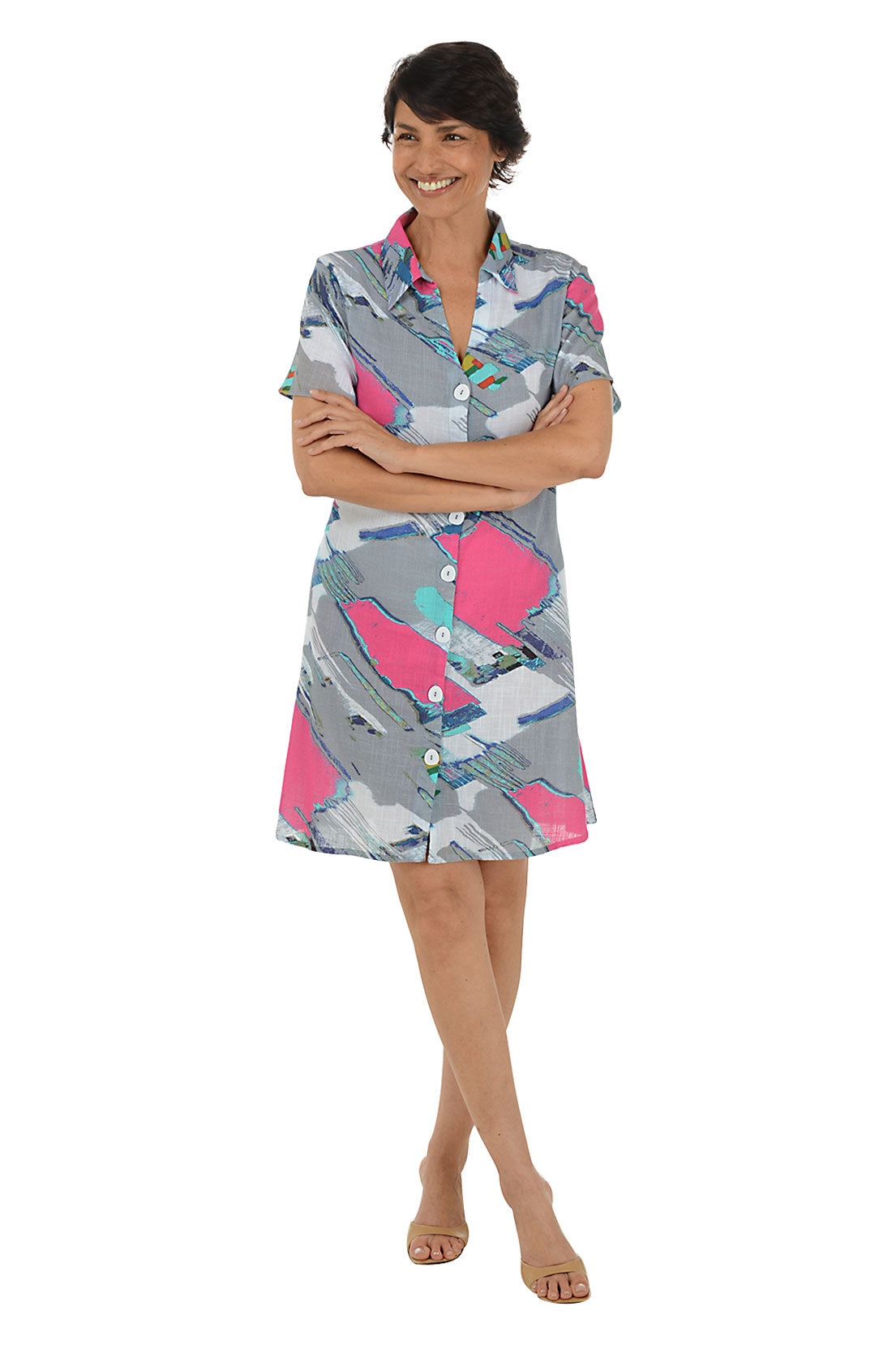 Marina Button Front Short Sleeve Dress - Women's Casual Summer Floral Sundress for Beach, Vacation & Date Night Outfits