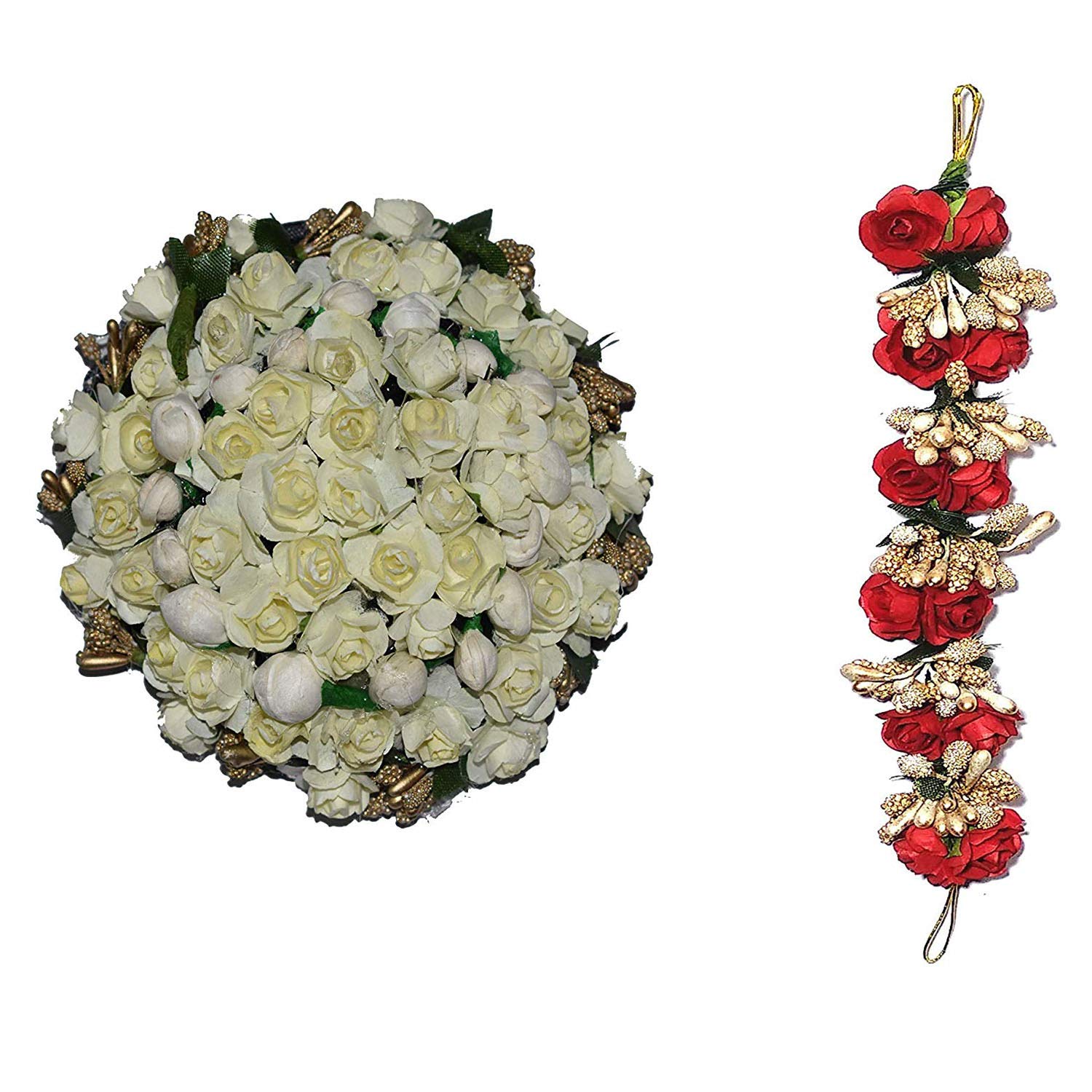 GuruEmbellish White & Red Juda Bun Hair Flower Gajra Combo - Bridal Wedding Hair Accessories & Party Hair Jewelry for Indian Women (Perfect for Weddings, Festivals & Special Occasions)