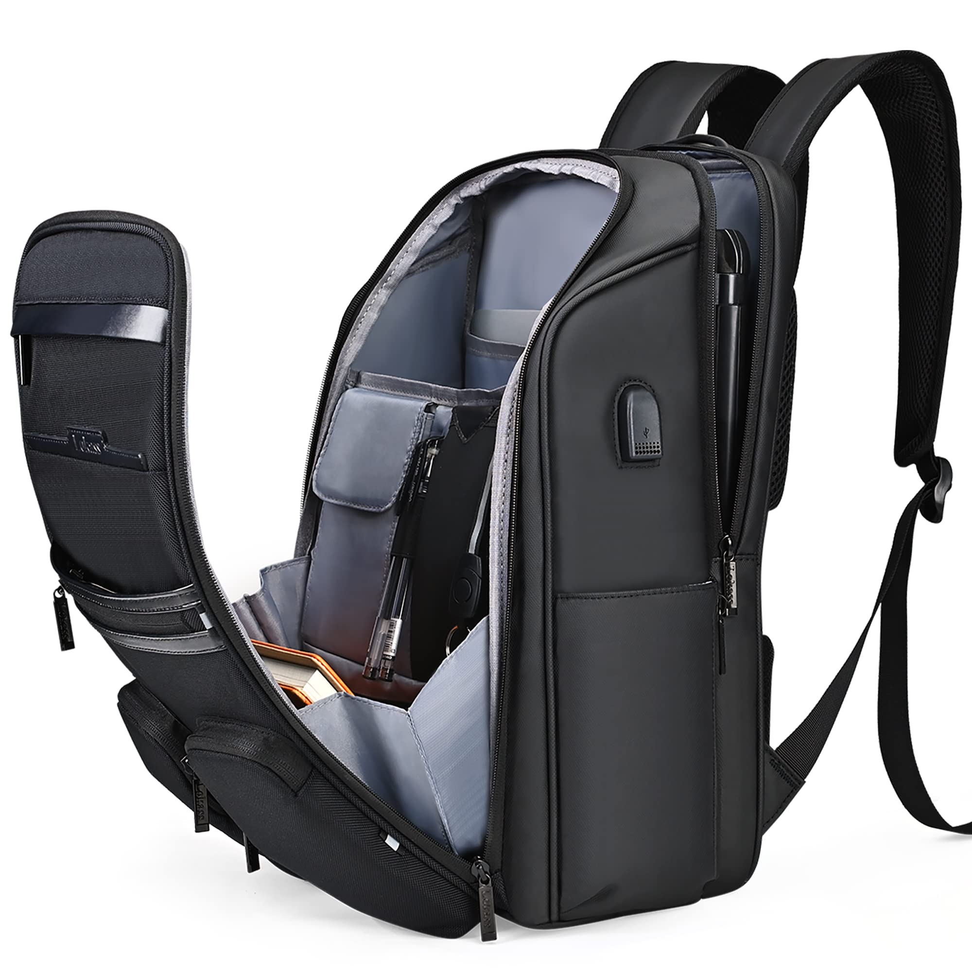 LOKASS Durable Laptop Backpack with USB Charging Port - Water Resistant College Backpack for Women & Men - Fits 15.6 Inch Notebook - Perfect for School, Business Travel & Daily Commute - Black