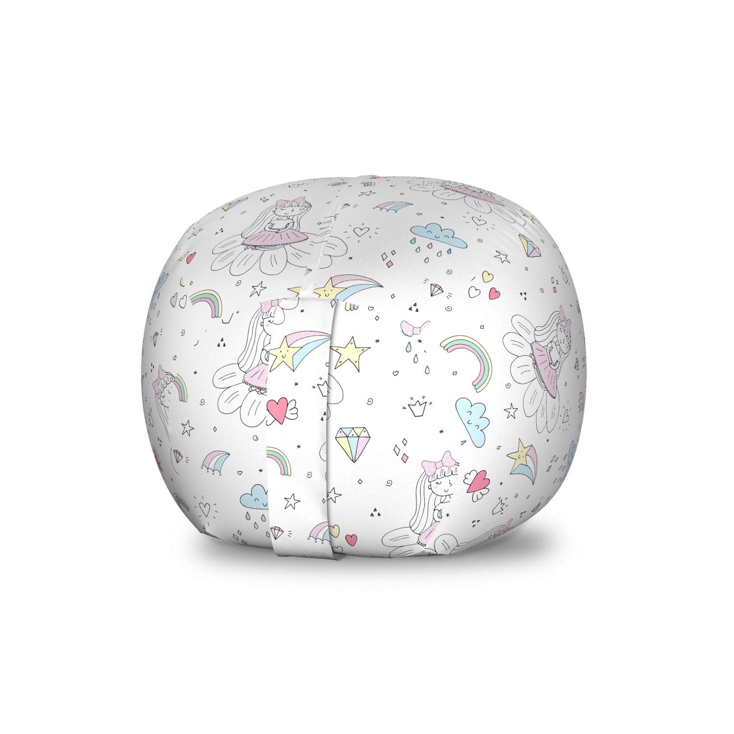Ambesonne Cartoon Toy Storage Bag Chair - Floral Girl Design with Colorful Diamonds, Clouds & Stars - Washable Stuffed Animal Organizer - Small Size White & Multicolor - Perfect for Kids' Room, Nursery & Playroom Organization