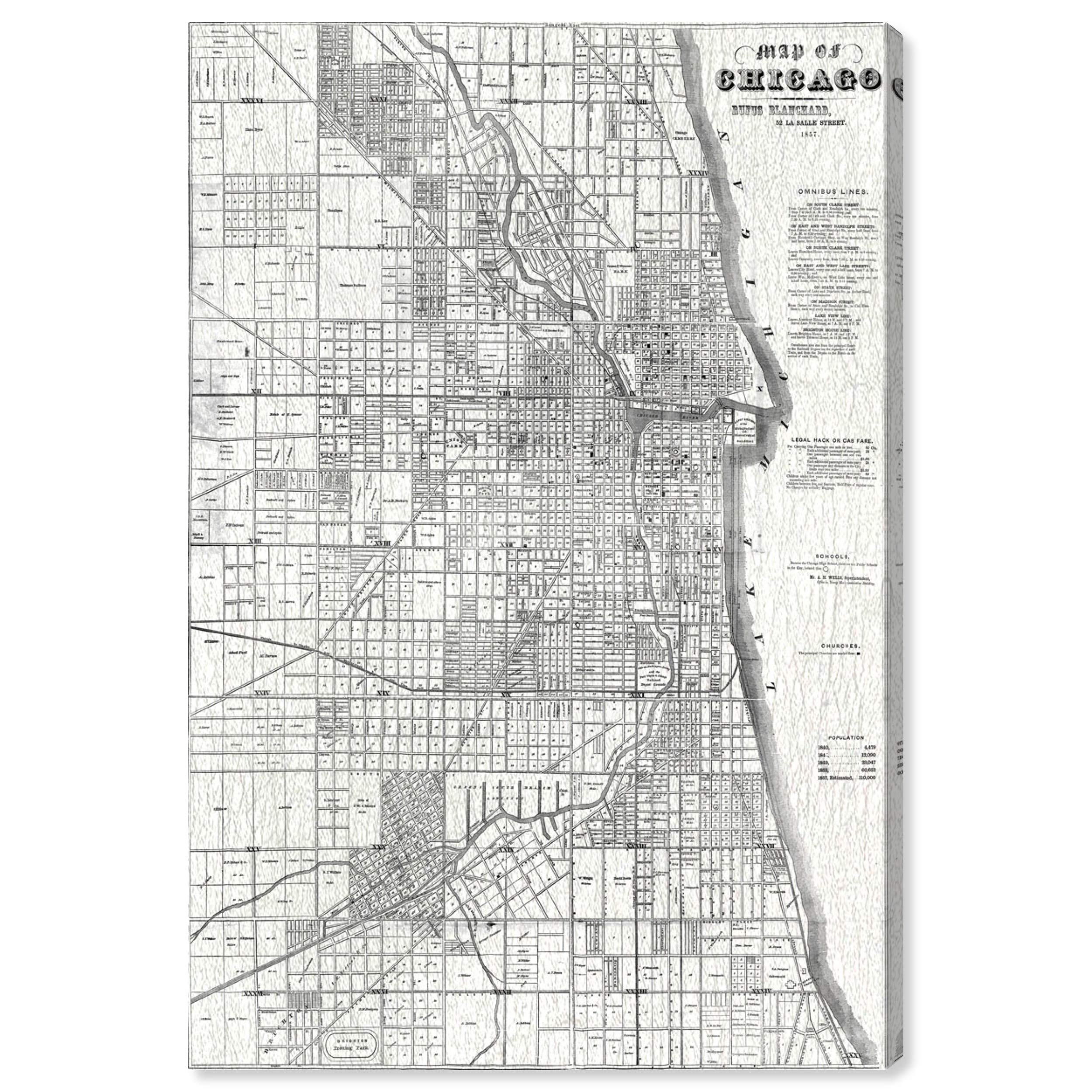 Oliver Gal Artist Co. Vintage Chicago Map Wall Art - 1857 Historical City Canvas Print - 24x36 Inch Black & White Home Decor - Perfect for Living Room, Office & Gift