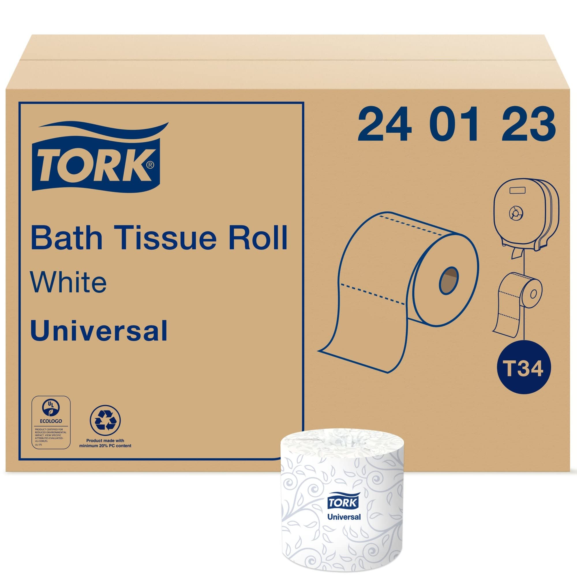 Tork Universal White Toilet Paper Roll, 1-Ply, 48 Rolls x 1232 Sheets (240123) - Soft & Strong Bathroom Tissue for Home, Office & Commercial Use