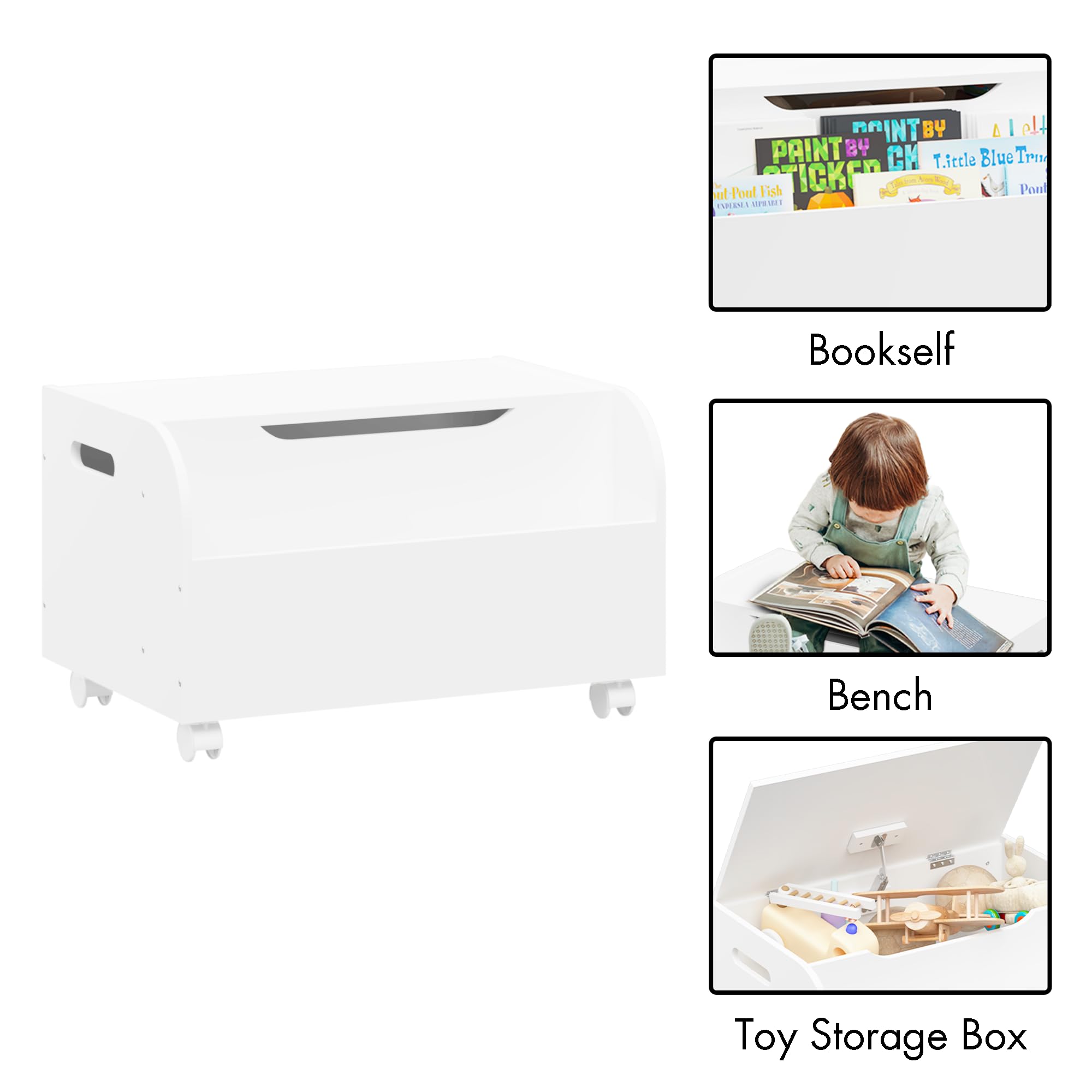 **Wooden Toy Chest with Bookshelf & Storage Organizer – Flip-Top Lid, Safety Hinge, 4 Universal Wheels – Kids Toy Box for Playroom & Bedroom Organization (White) – Perfect for Boys & Girls Toys, Books & Room Decor**