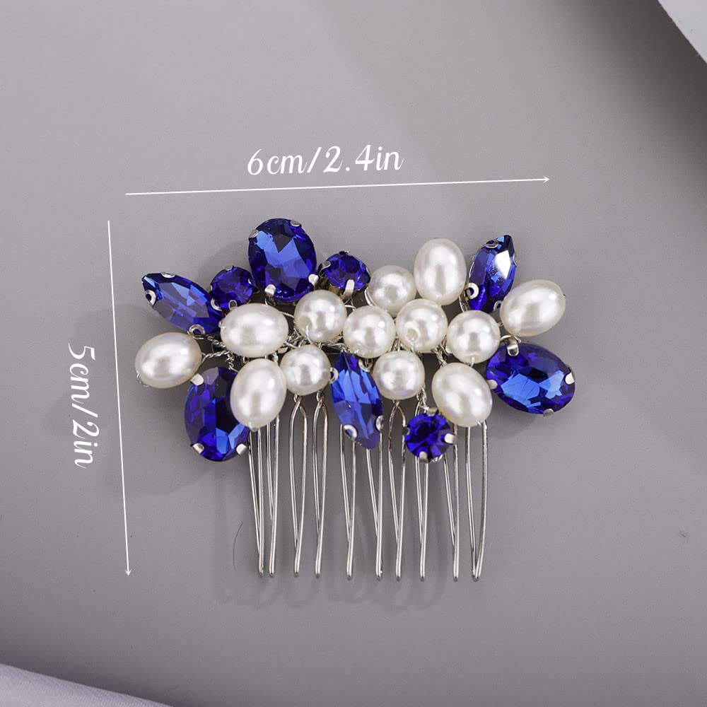 Chargances Blue Rhinestone Pearl Wedding Hair Comb – Handmade Bridal Hair Accessory for Bride & Bridesmaids, Crystal Side Comb for Women & Girls, Prom & Special Occasions