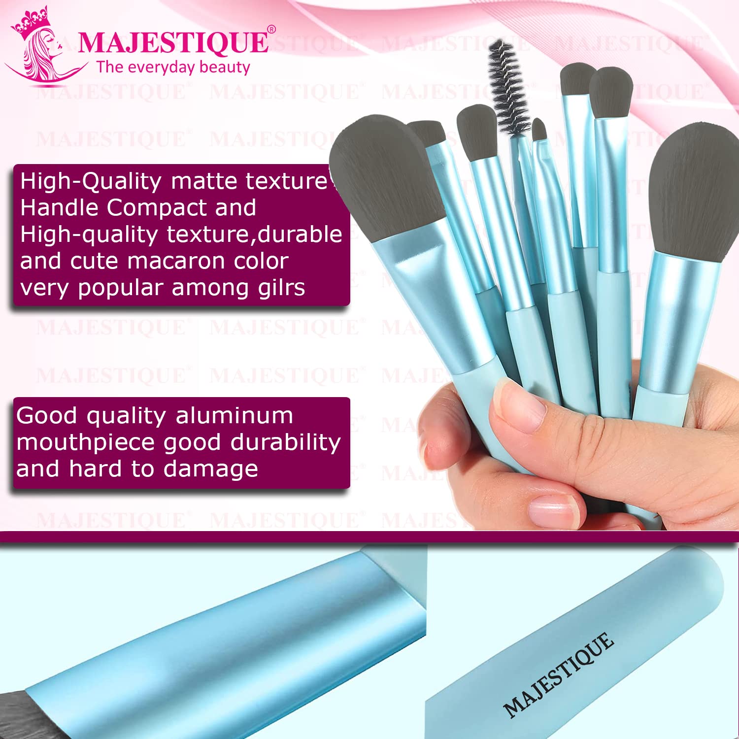 Majestique 8-Piece Makeup Brush Set with Beauty Blender Sponge - Professional Foundation, Concealer, Blush, Contour & Highlighting Brushes - Perfect for Everyday Makeup, Travel & Professional Use