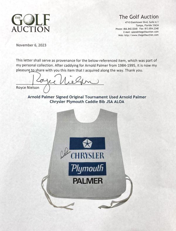 Arnold Palmer Autographed PGA Golf Tournament Worn Caddy Bib with BAS LOA - Perfect for Golf Memorabilia Collectors & Sports Fans Display