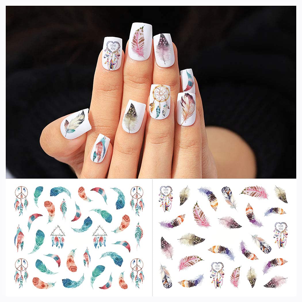 WOKOTO 44 Sheets 3D Feather Nail Art Stickers - Self-Adhesive Nail Decals with Flowers & Animals Designs for Women & Girls - Perfect for Acrylic Nails, Manicures, Nail Salons & DIY Home Nail Art