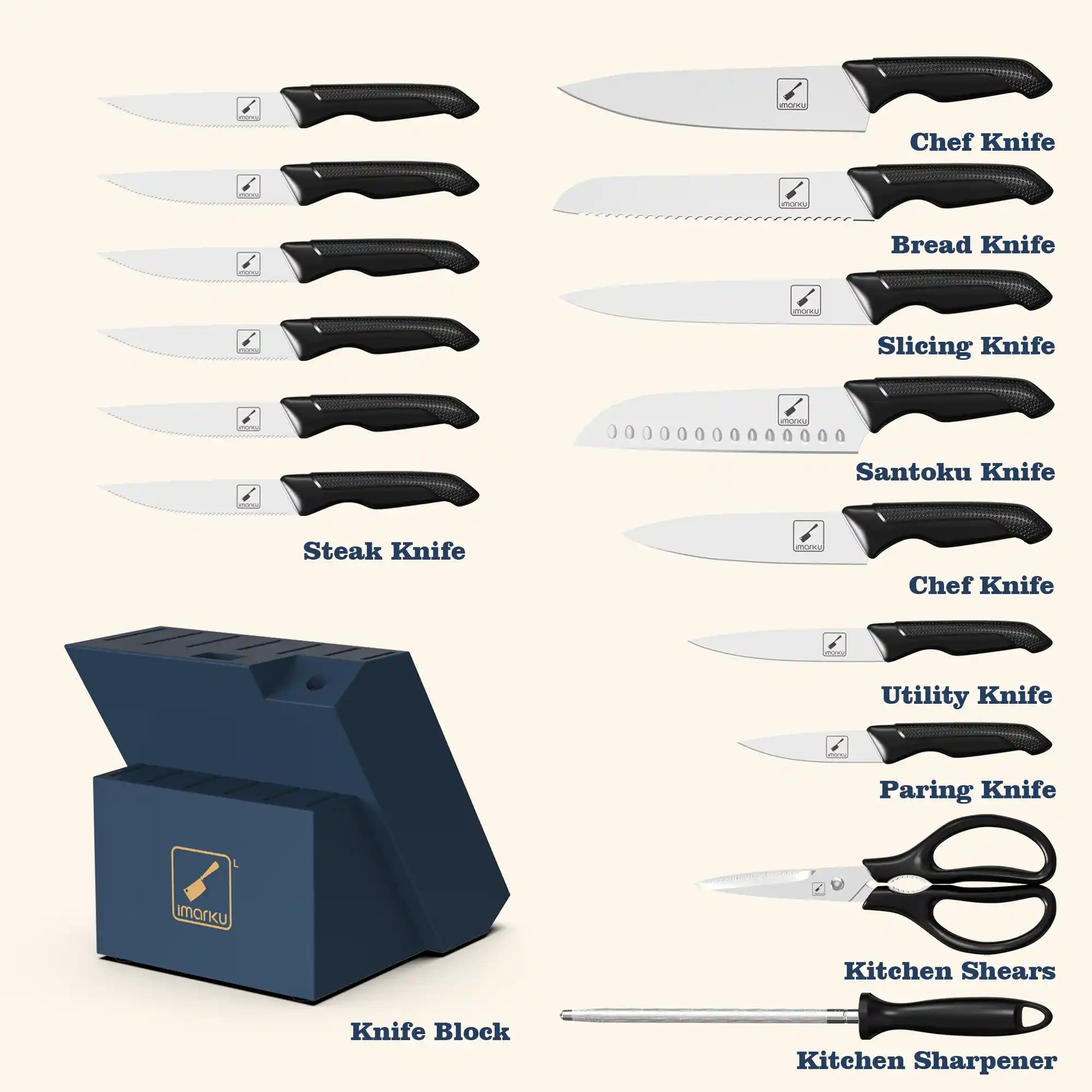 16-Piece Knife Block Set with Ergonomic Black Handles & Sharpening Rods - Premium Kitchen Cutlery for Home Chefs & Cooking Enthusiasts