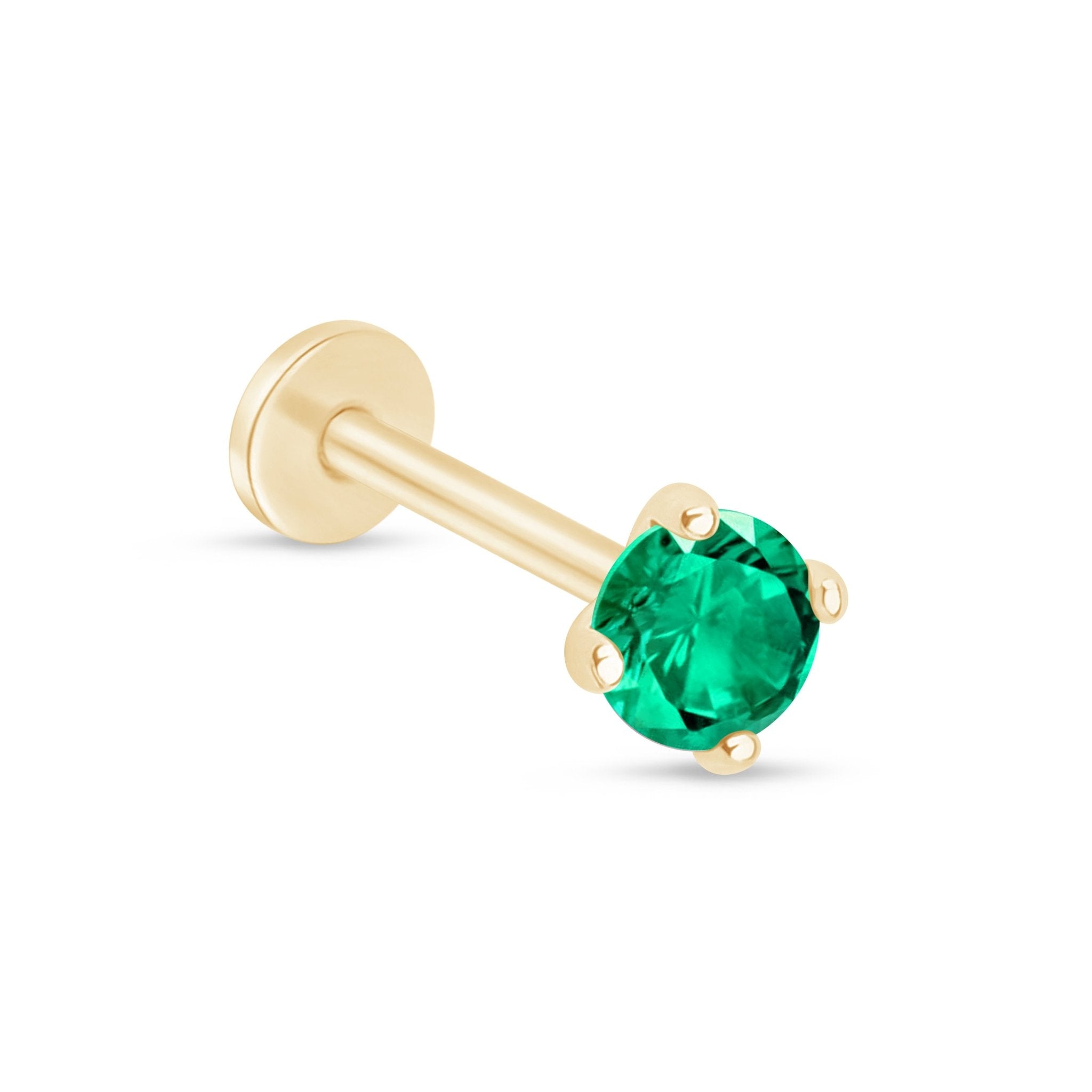14K Solid Yellow Gold Emerald Cartilage Flat Back Stud Earrings - Perfect for Everyday Wear, Gifts & Special Occasions