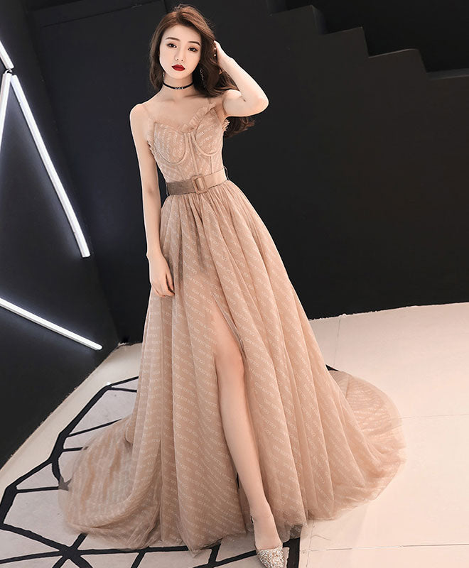 Elegant Champagne A-Line Tulle Long Prom Dress for Evening Gala & Formal Events - Perfect for Homecoming, Wedding, and Special Occasions