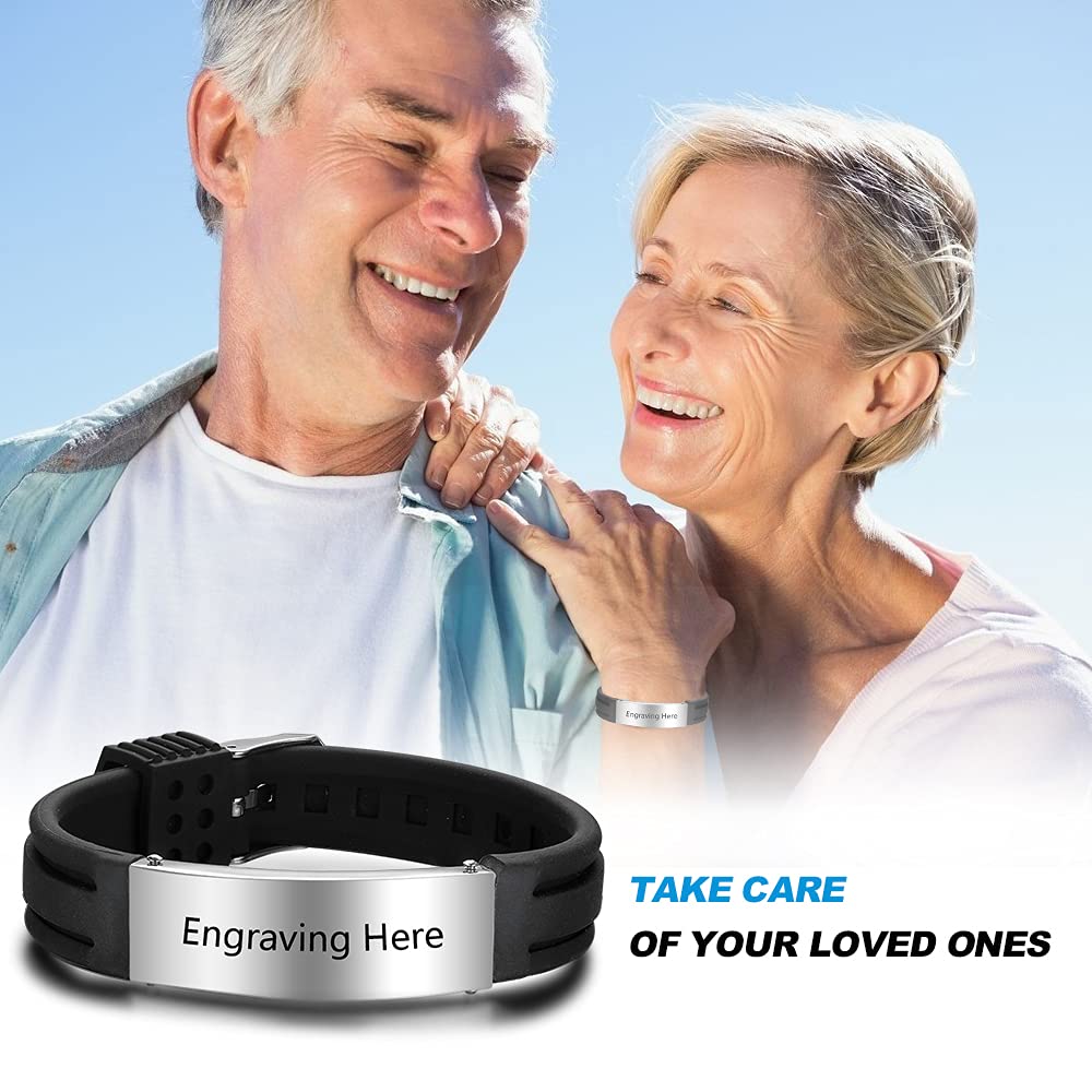 Personalized Silicone Medical Alert ID Bracelet for Men & Women - Adjustable 9 Inch Waterproof Emergency Sport Bracelet with Custom Engraving - Ideal for Running, Hiking, Travel & Medical Safety