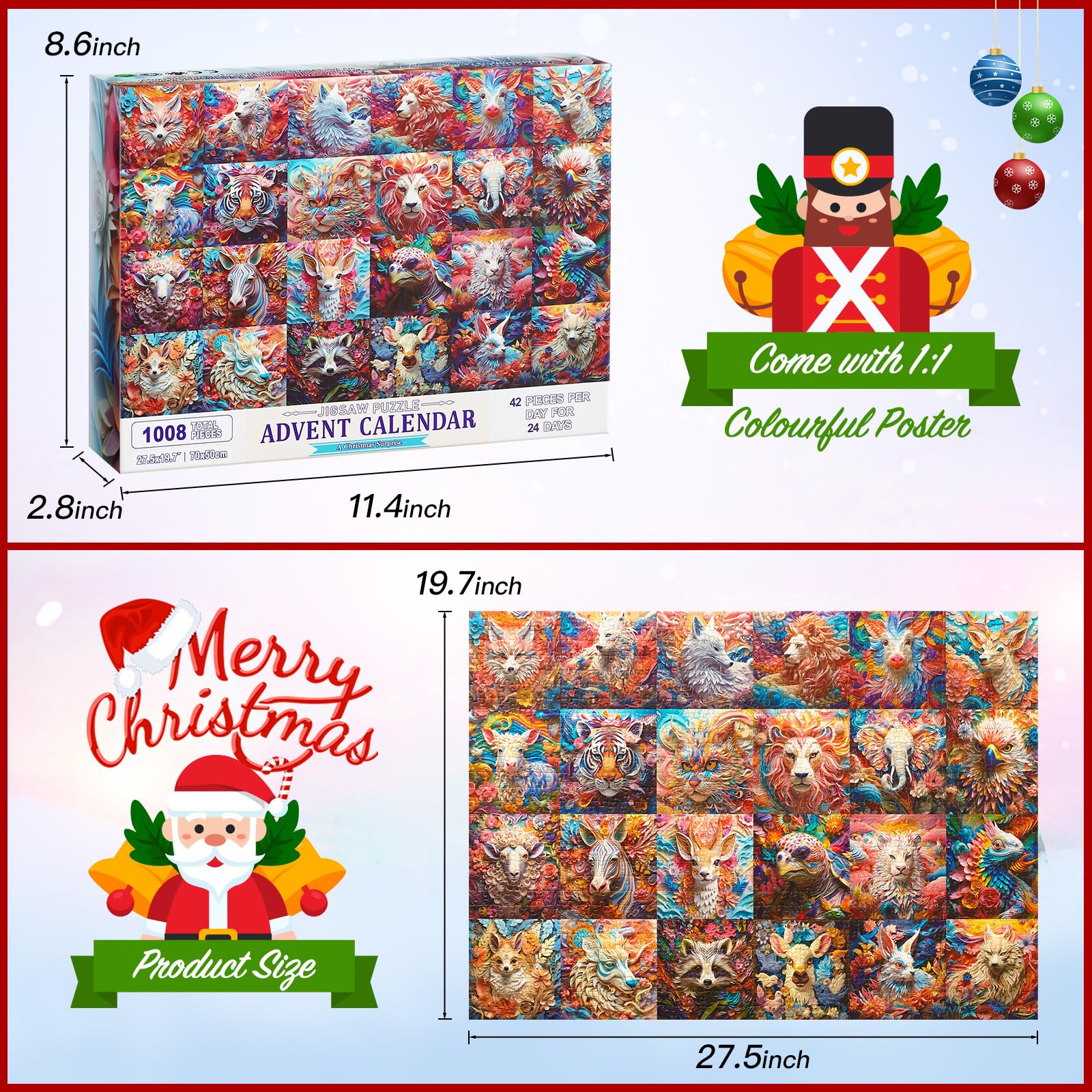 2024 Advent Calendar Puzzle - 3D Visual Puzzle for Adults & Kids, 24-Day Christmas Countdown with Animal Shaped Jigsaw (1008 Pieces) - Perfect Holiday Gift & Family Activity for Christmas Decorations & Countdown Fun