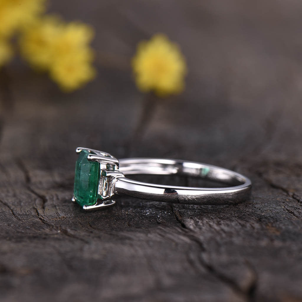 Vintage Natural Emerald Cut Emerald & Baguette Diamond Three Stone Engagement Ring - Perfect for Proposal, Anniversary & Wedding Jewelry Gift