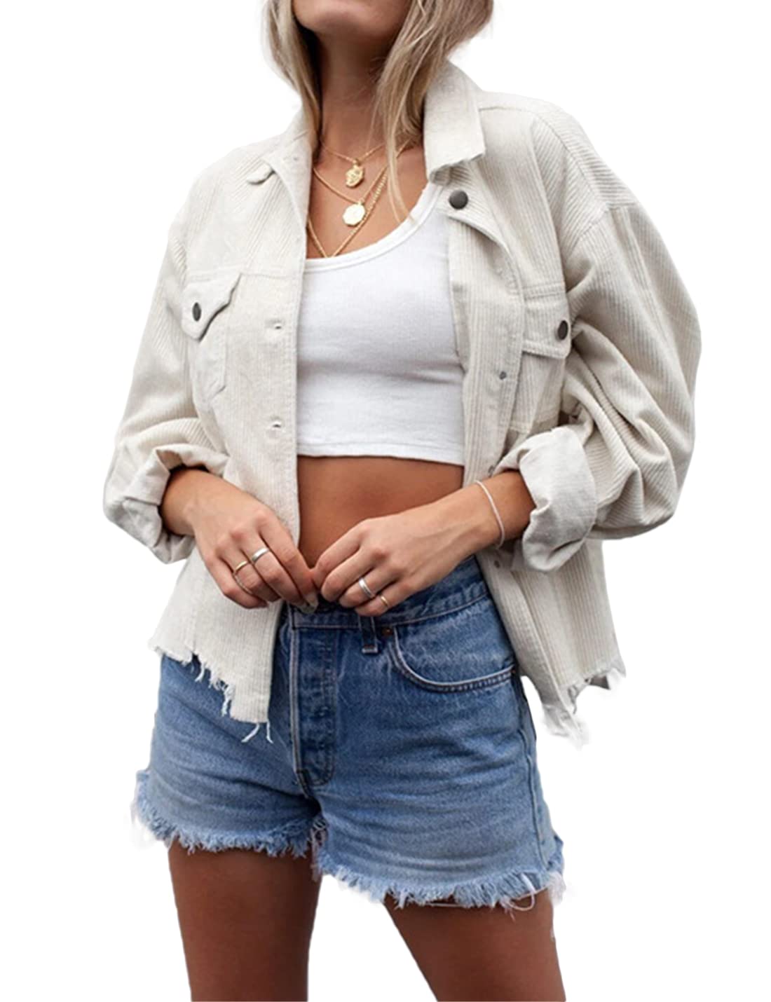 Hongsui Women's Casual Cropped Corduroy Jacket - Button Down Solid Shirt Top for Fall & Spring | Perfect for Office Wear, Date Night and Weekend Outfits