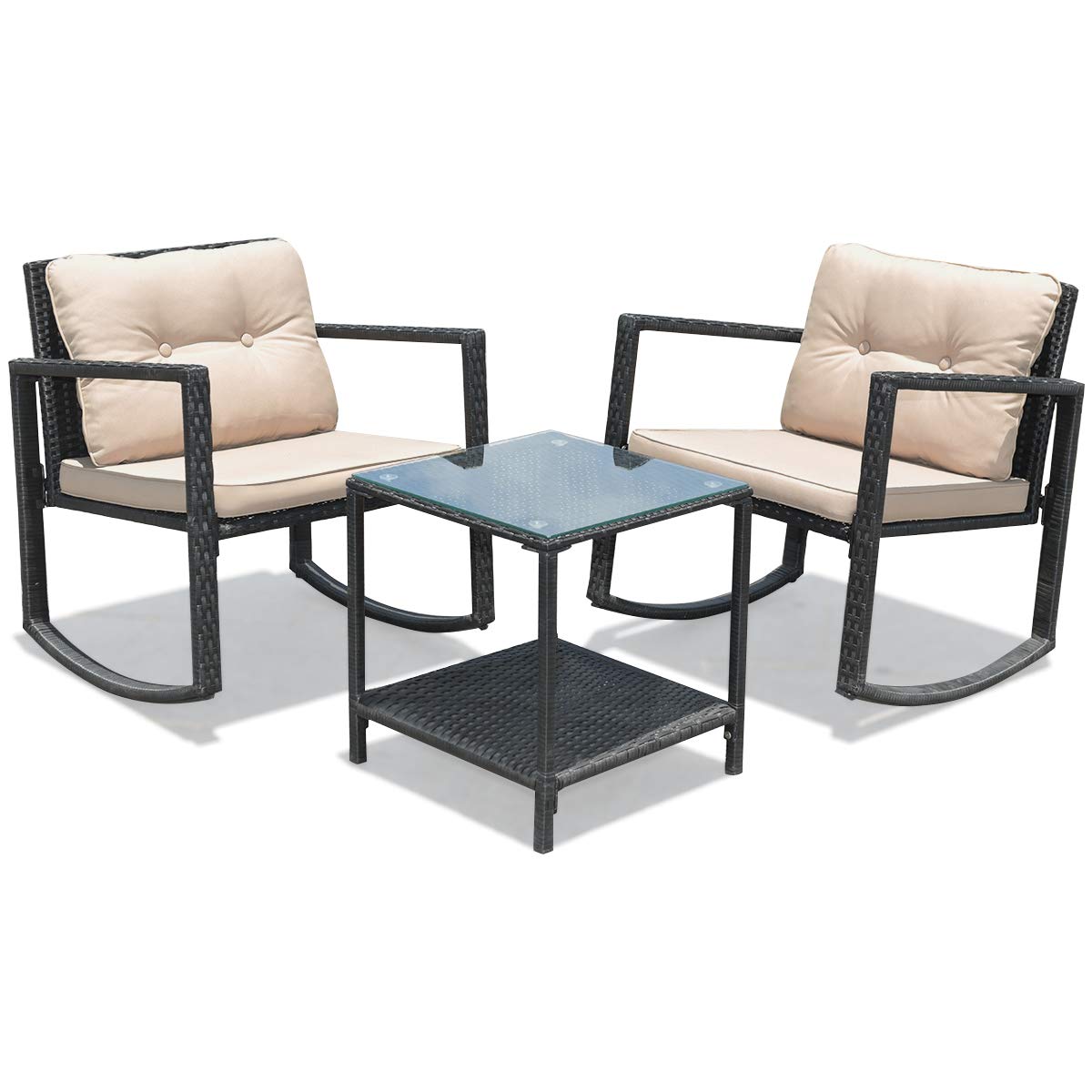Tangkula 3-Piece Patio Wicker Rocking Chair Set with Cushions & Glass Coffee Table - Outdoor Furniture for Garden, Poolside, Balcony or Porch (Beige) | Perfect for Relaxing, Entertaining and Enjoying Nature