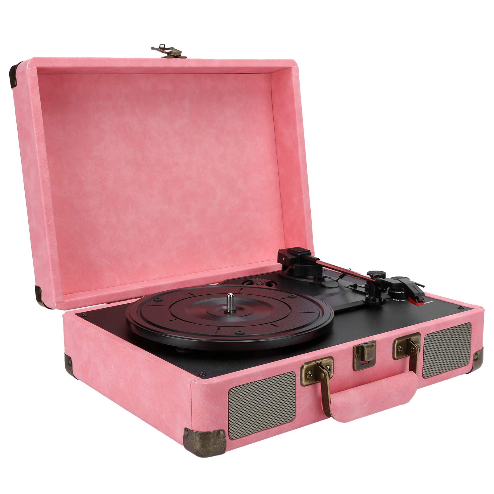Vintage Bluetooth 5.0 Record Player with 3-Speed Turntable (33/45/78 RPM) - Portable Suitcase Design, Built-in Stereo Speakers - Perfect for Home Decor & Vinyl Music Lovers (UK-Pink) - Ideal for Living Room, Bedroom & Retro-Themed Parties