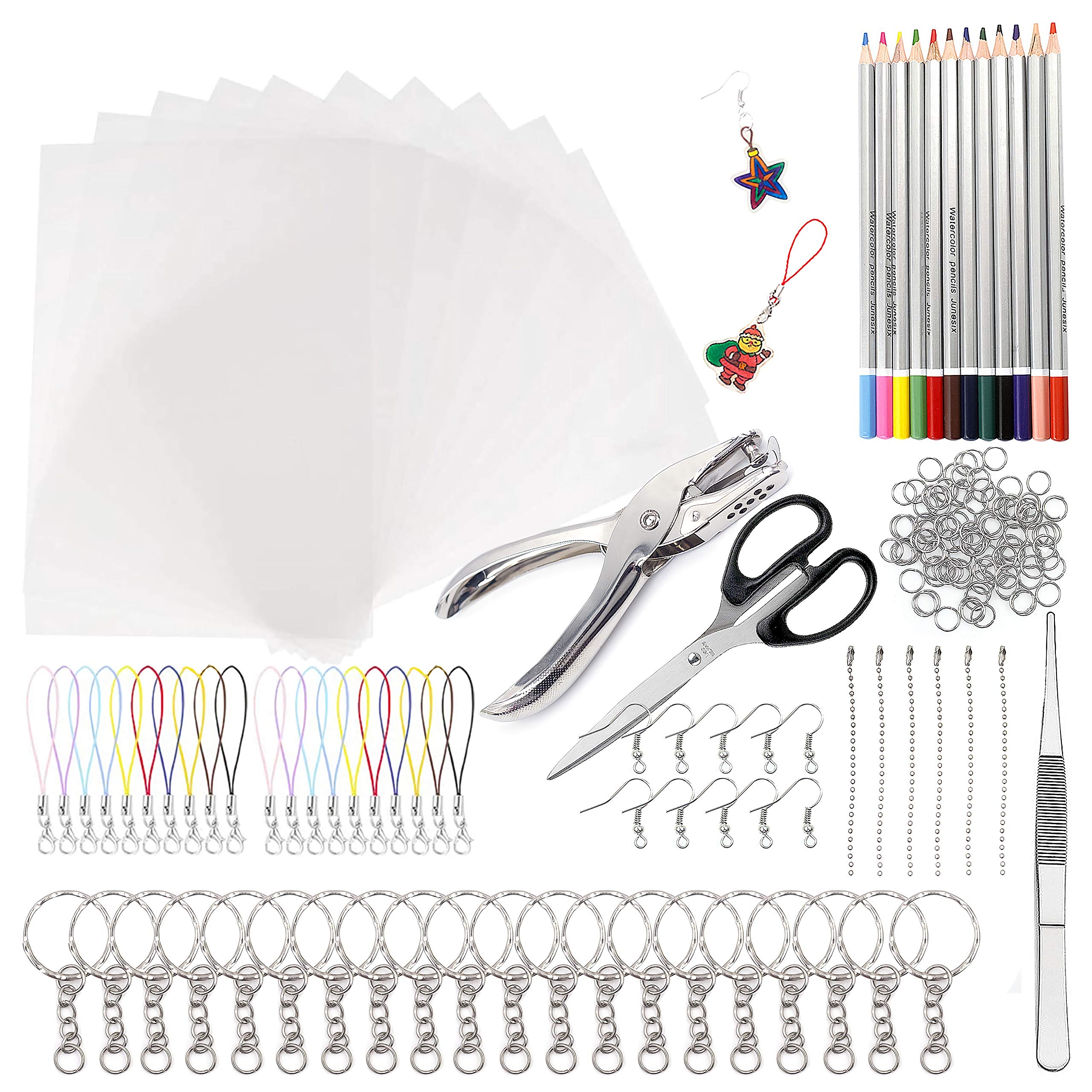 180 PCS Shrink Plastic Sheets Kit for DIY Crafts - Frosted Shrinky Sheets with 10 Blank Sheets, Colored Pencils, Hole Punch, Scissors, Tweezers & Keychain Accessories - Perfect for Kids Art Projects, Jewelry Making & School Activities