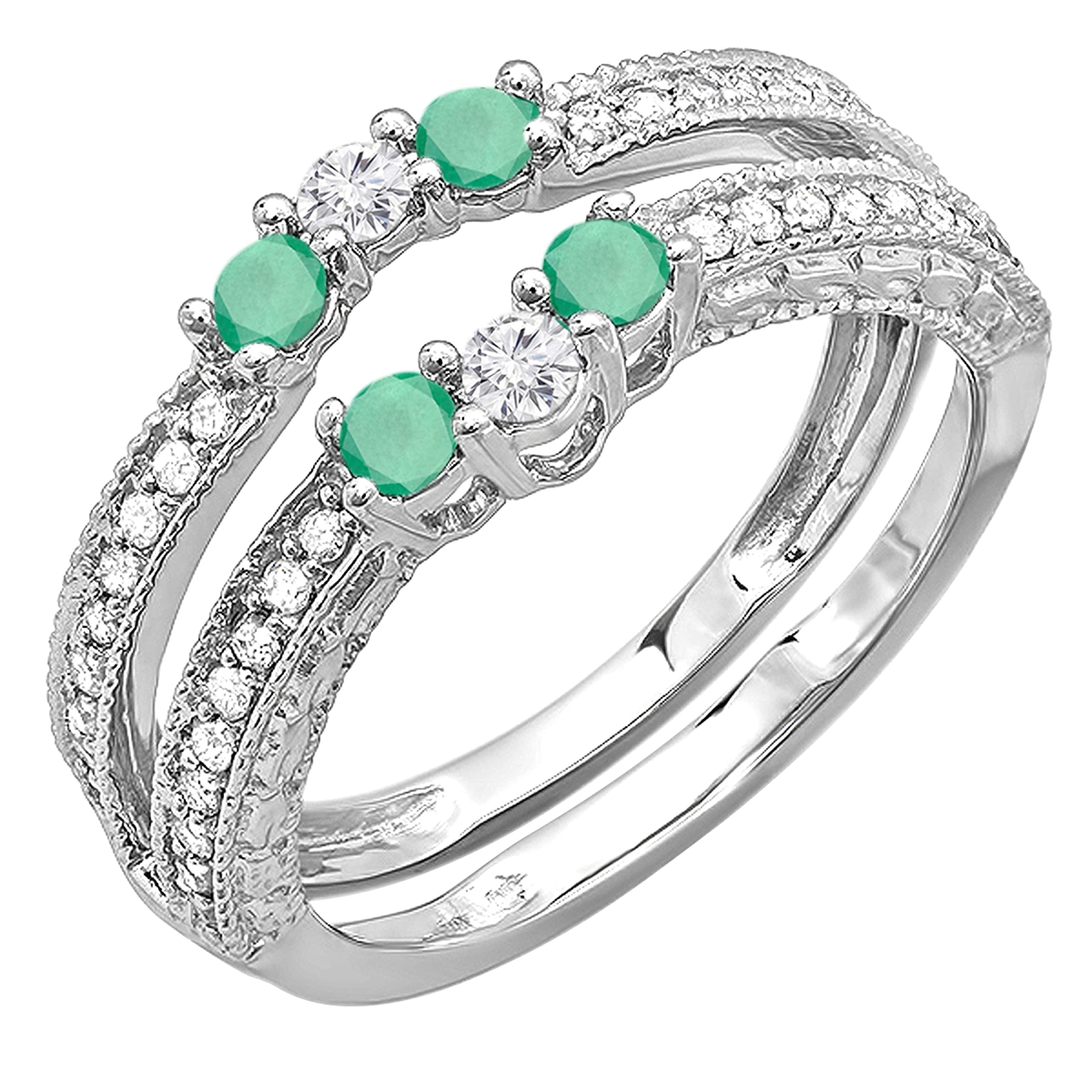14K Solid White Gold Round Emerald & Diamond Women's Wedding Band Enhancer Guard – Anniversary Gift for Her, Perfect for Bridal Jewelry & Special Occasions