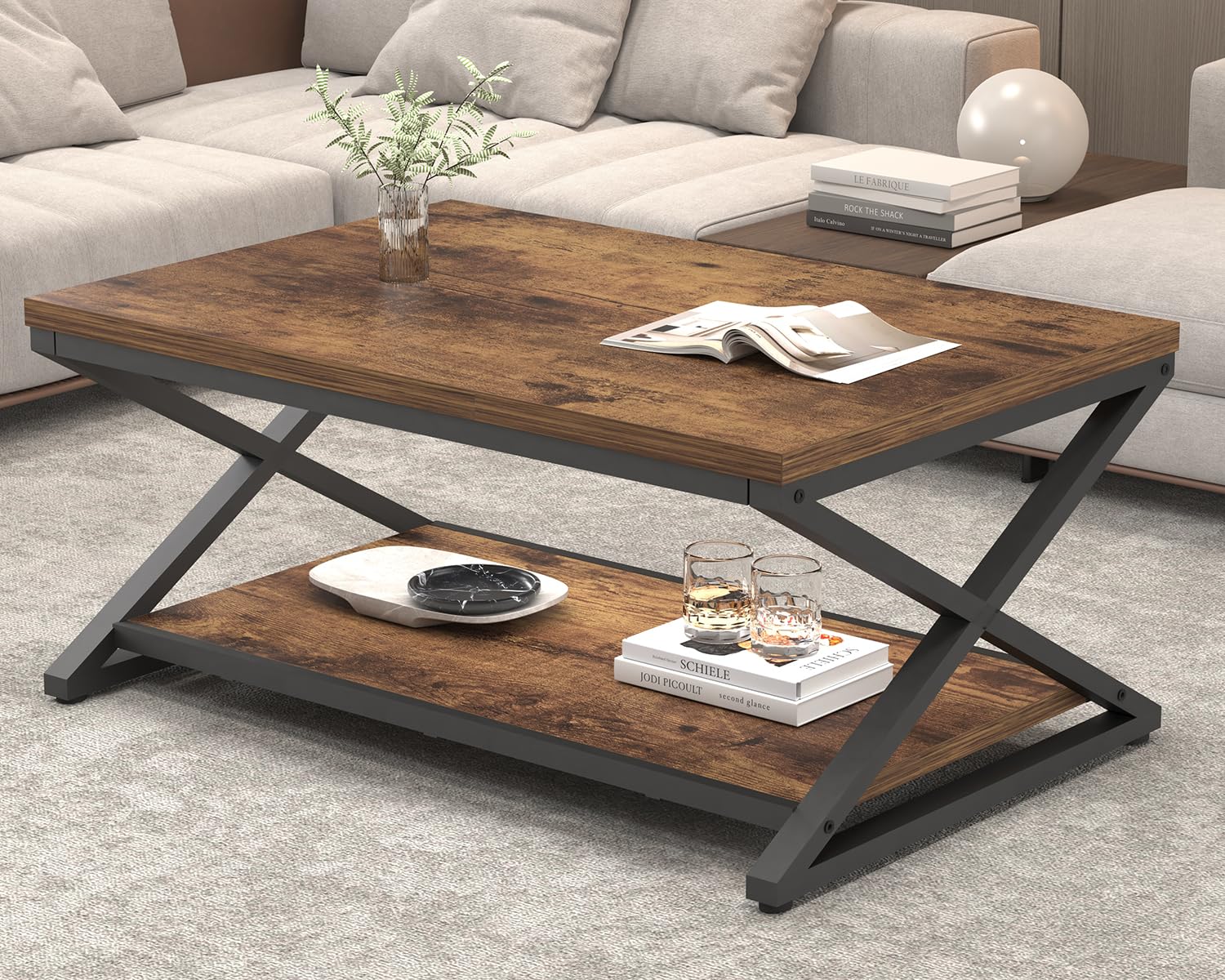 HSH Rustic Brown Wood Coffee Table with Storage - 39 Inch Modern Farmhouse 2-Tier Center Table for Living Room, Home Office & Bedroom | Rectangle Cocktail & Tea Table for Minimalist Decor & Small Space Organization