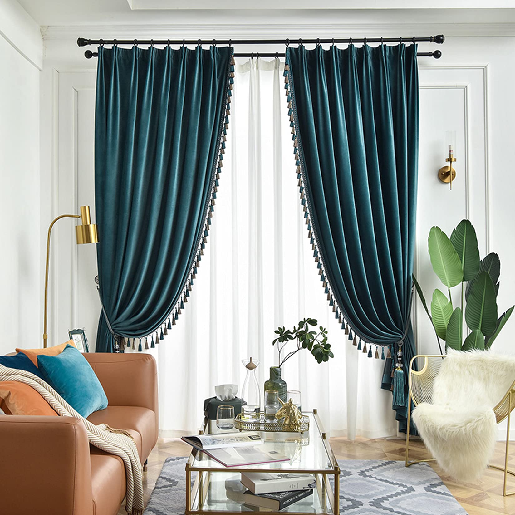 Luxury Blackout Curtains with Tassel - Thermal Insulated Velvet Drapes for Living Room & Bedroom - 2 Panels Blue (100