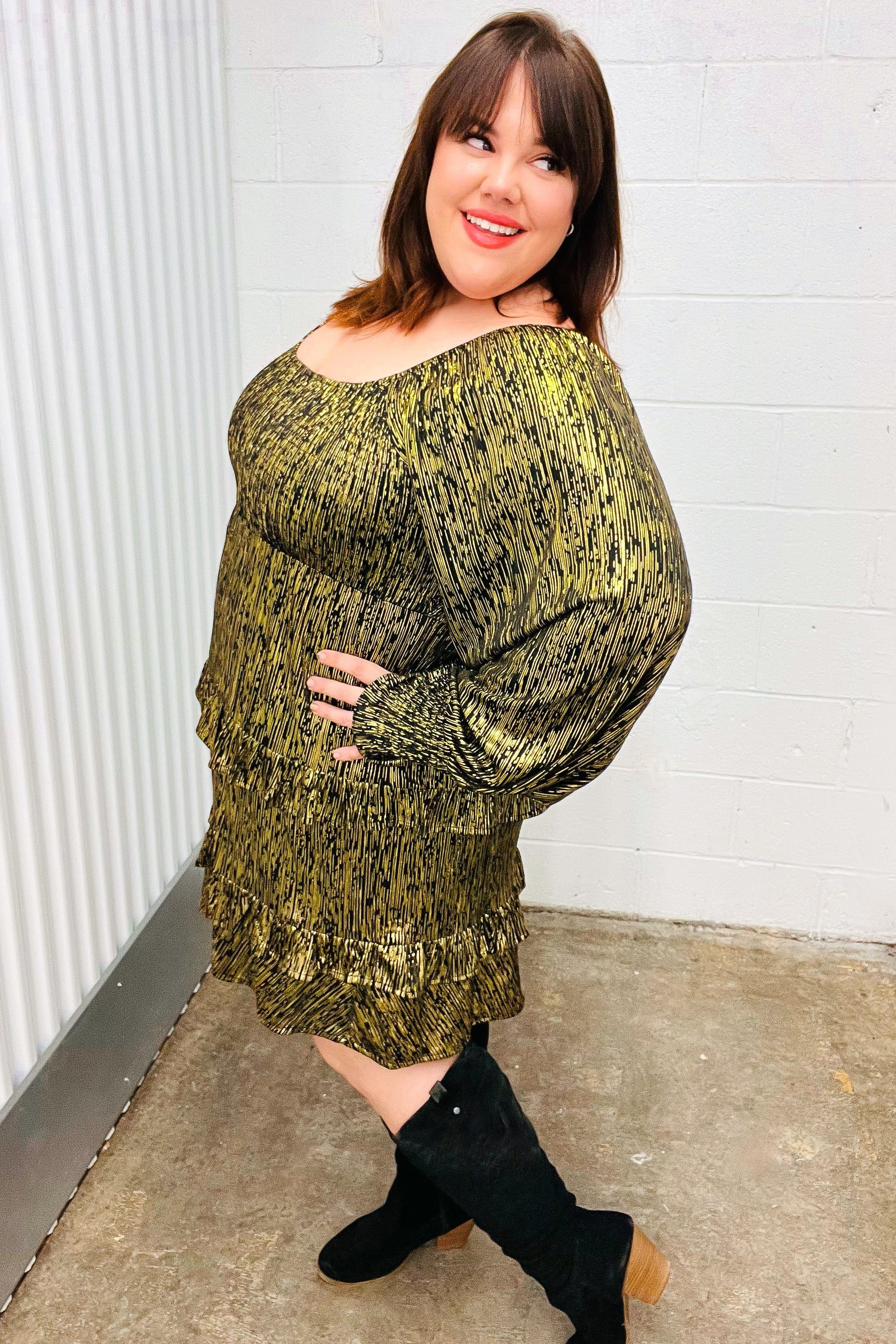 Elegant Black Gold Foiled Smocked Fit & Flare Dress for Women - Perfect for Cocktail Parties, Weddings & Evening Events