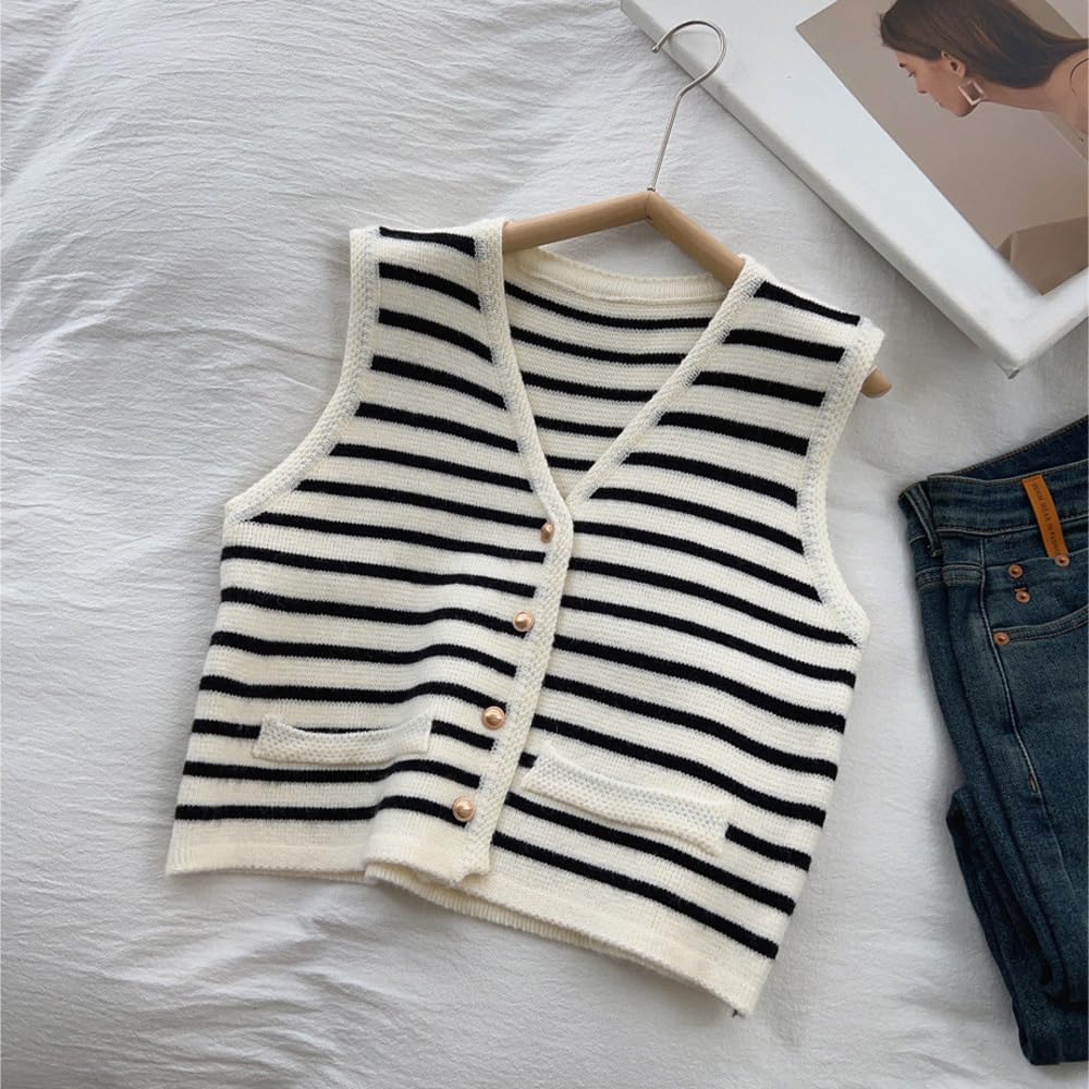 Women's Old Money Aesthetic Cropped Knit Sweater Vest - Striped V-Neck Tank Top for Women | Perfect for Layering, Office Wear & Vintage Fashion Outfits
