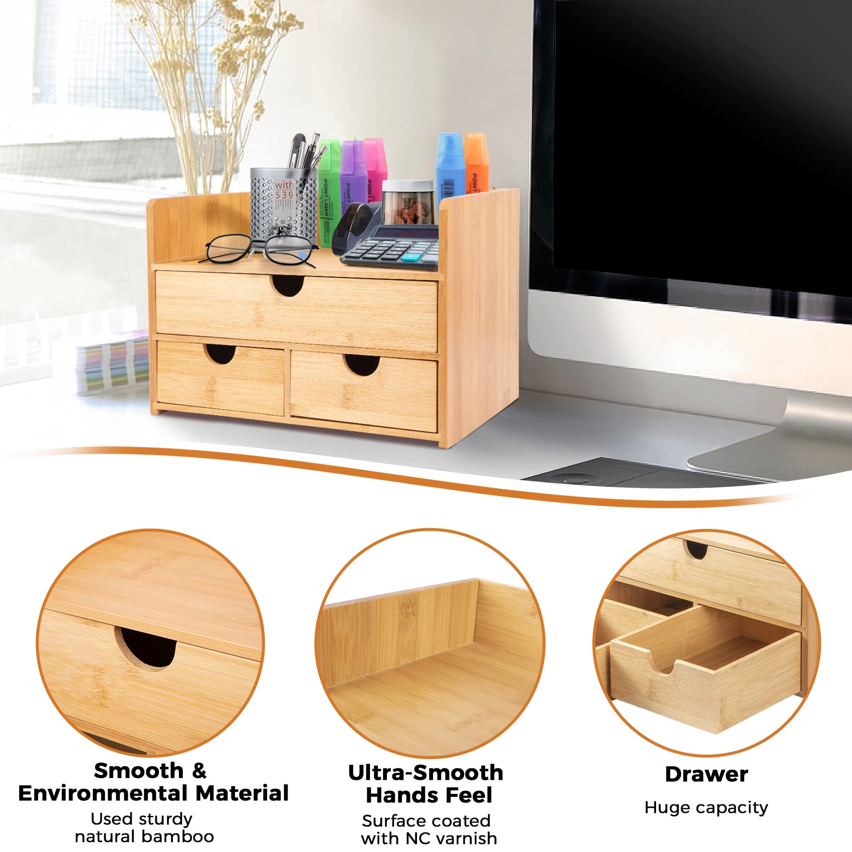 Bamboo Desk Organizer with Drawers - Stylish Desktop Storage for Office, Bathroom & Kitchen Countertop - Small Drawer Organizer for Pens, Makeup & Utensils - Perfect Workspace & Home Organization Solution