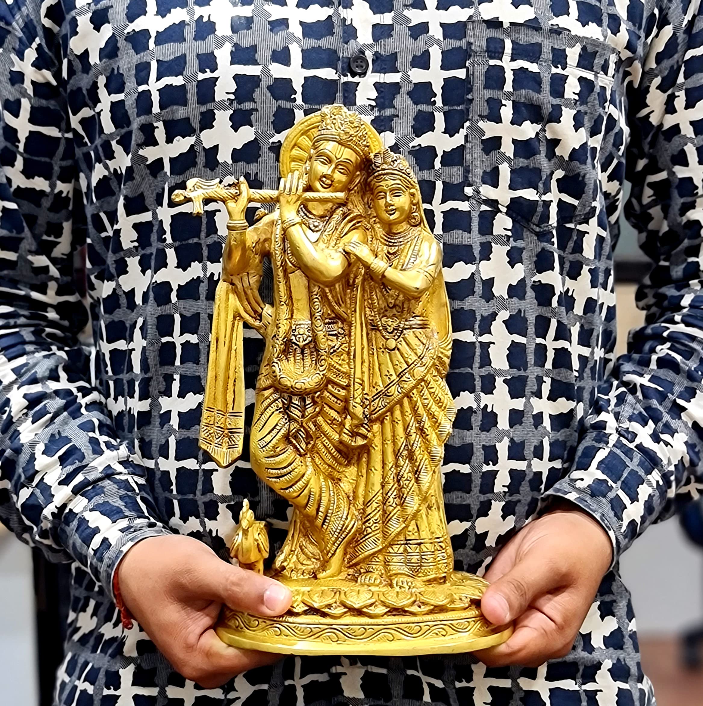 12 Inch Brass Radha Krishna Murti Idol Statue - Handcrafted Hindu Deity Sculpture for Pooja, Home Decor & Spiritual Altar | Perfect for Diwali, Wedding Gifts & Temple Worship