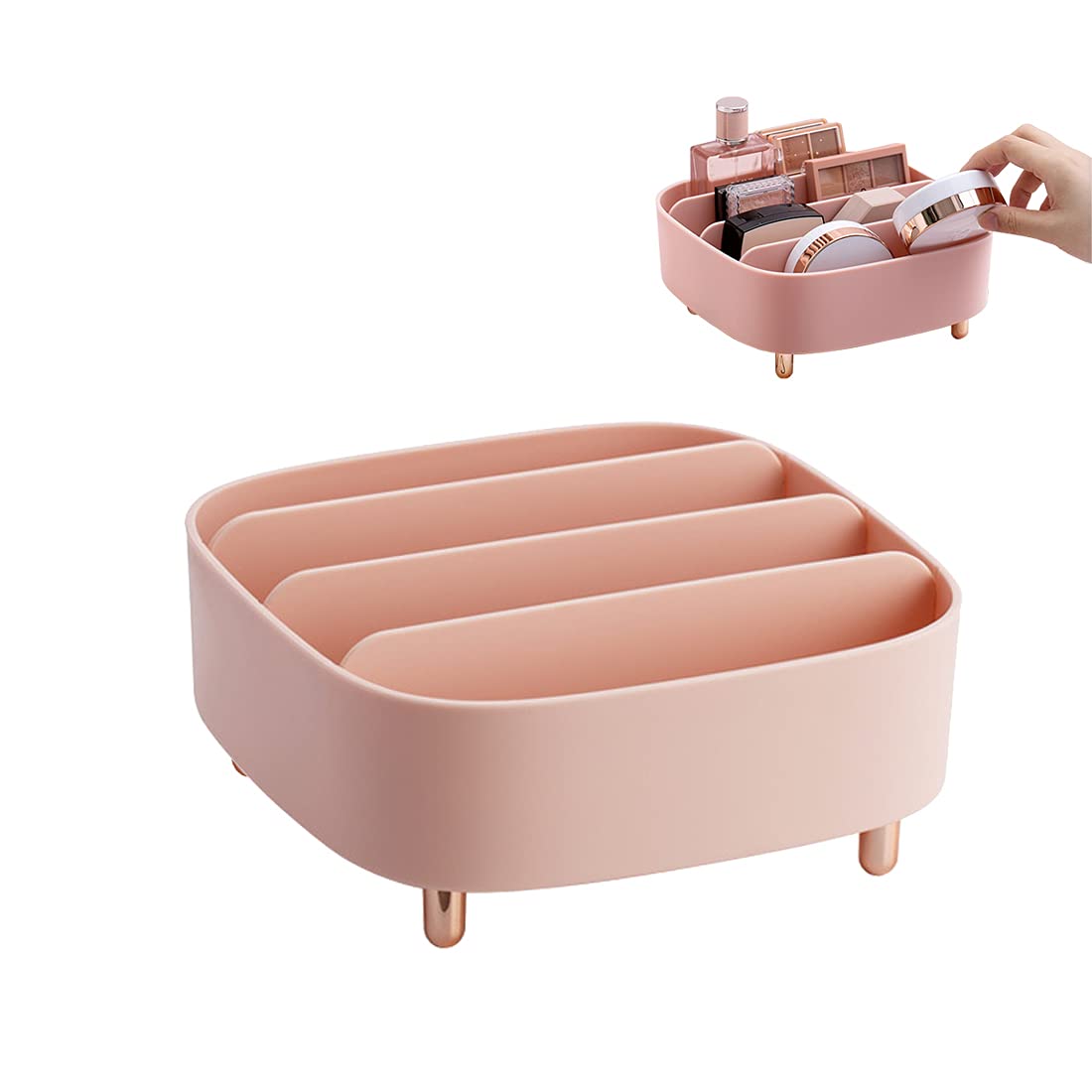 Pink Makeup Organizer with Removable Dividers - 4 Compartment Cosmetic Storage Case for Eyeshadow Palettes & Skincare - Perfect for Bathroom Countertop, Bedroom Vanity & Travel Makeup Organization