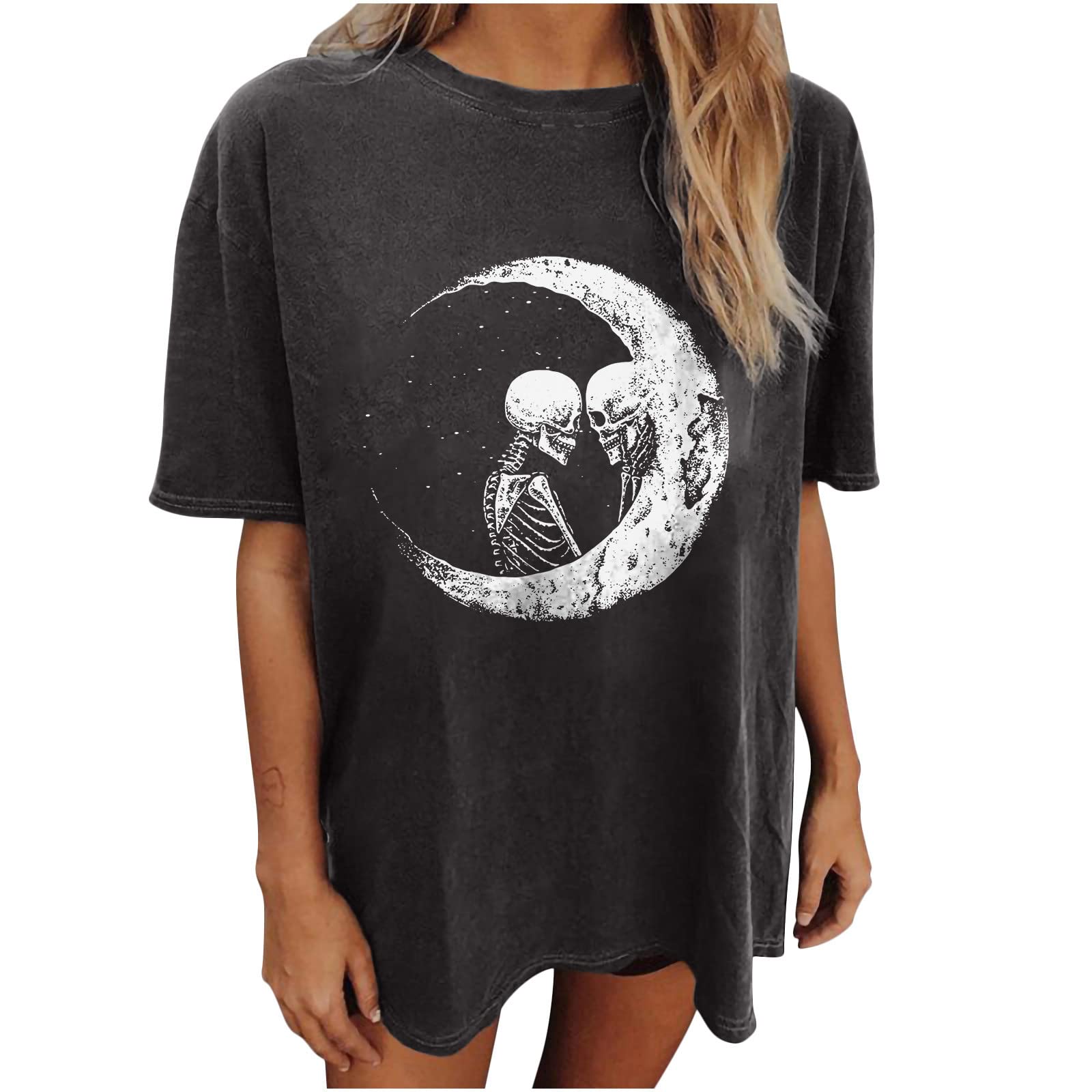 Women's Halloween Skeleton Graphic Tee - Grunge Oversized T-Shirt for Party