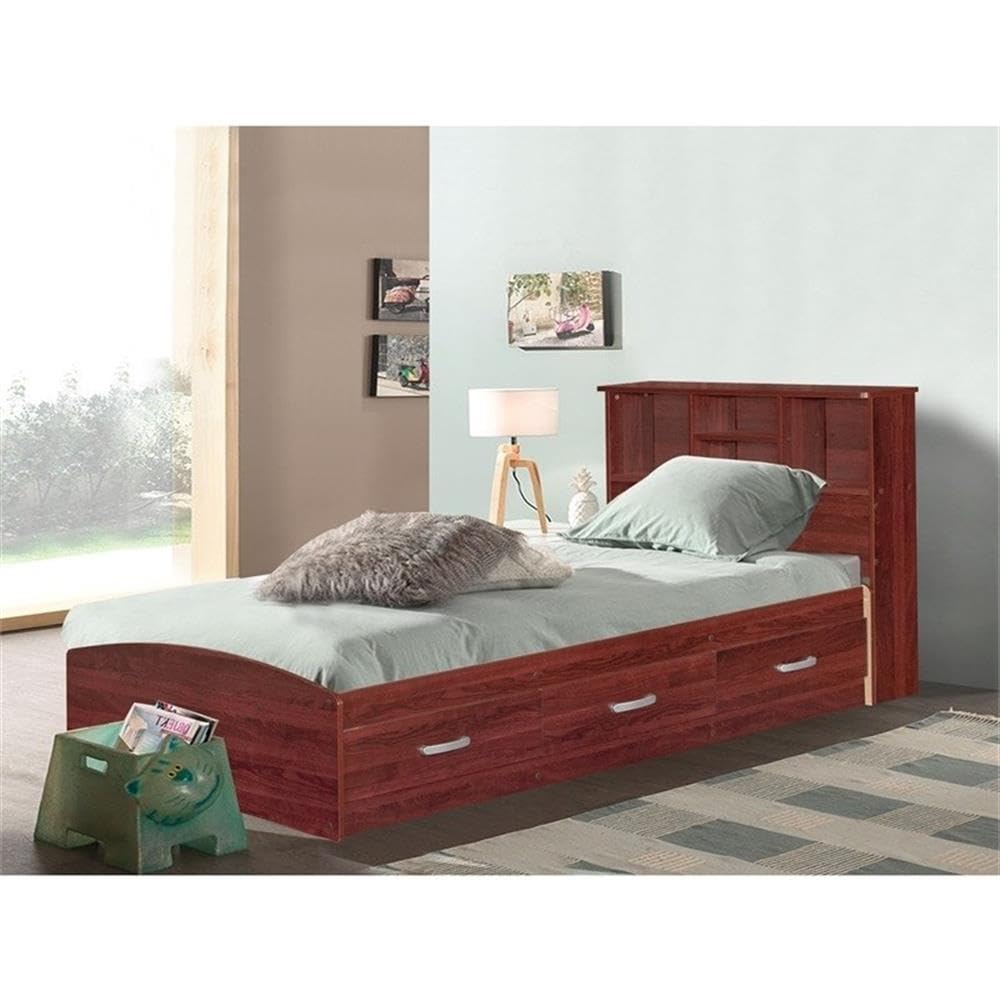 Pemberly Row Modern Wooden Twin Size Captains Bed with Storage Drawers in Rich Mahogany Finish - Perfect for Kids Rooms, Guest Bedrooms & Small Space Living
