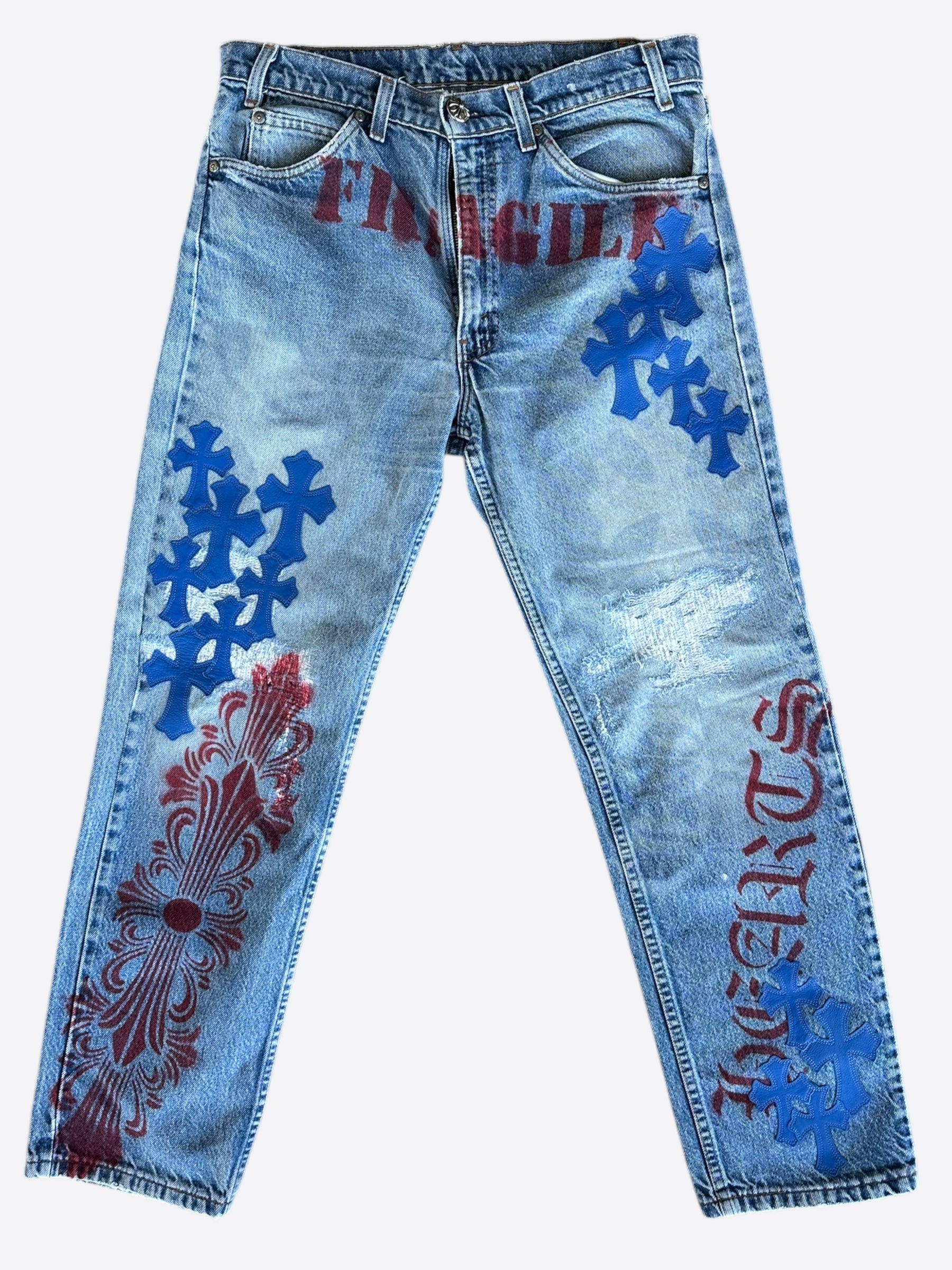 Chrome Hearts x Levi's Blue Cross Patch Distressed Denim Jeans for Men & Women - Vintage Style Skinny Jeans for Casual Wear & Street Fashion
