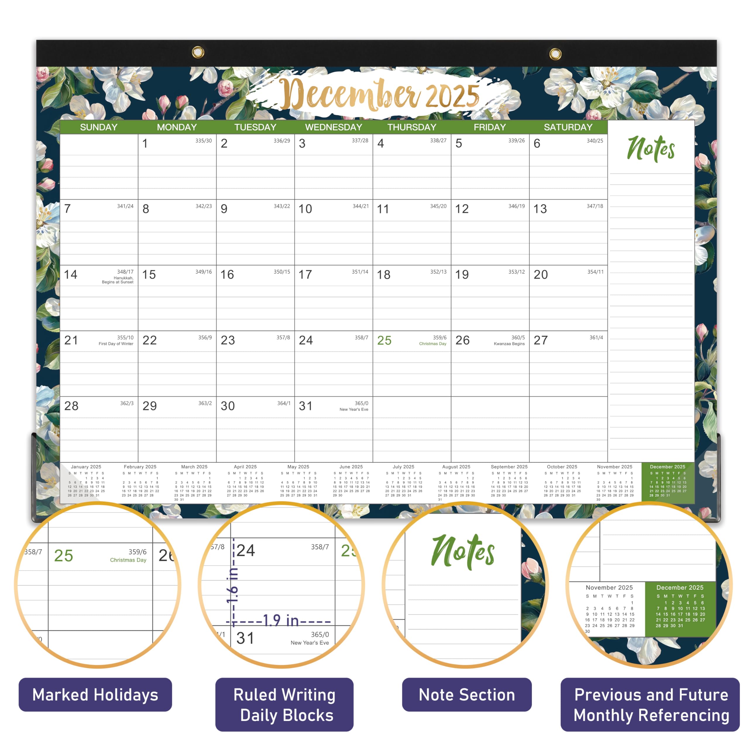 2025-2026 Desk Calendar (July 2025 - December 2026) - 18 Month Large Office Calendar with Corner Protectors & Reference Calendars - Floral Design Home & Office Planner (17