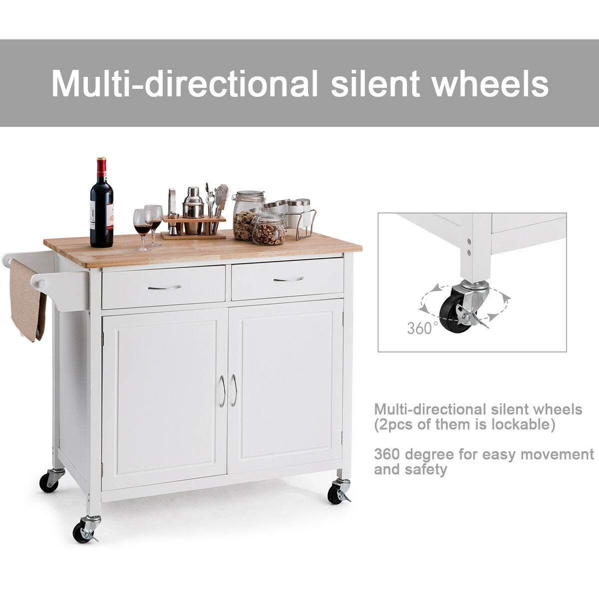 Modern White Kitchen Island Cart with Double Drawers, 2-Tier Shelf & Cabinet Door - Pine Wood Top Rolling Serving Cart for Food Prep, Storage & Towel Organization - Perfect for Small Kitchens, Dining Rooms & Buffet Serving
