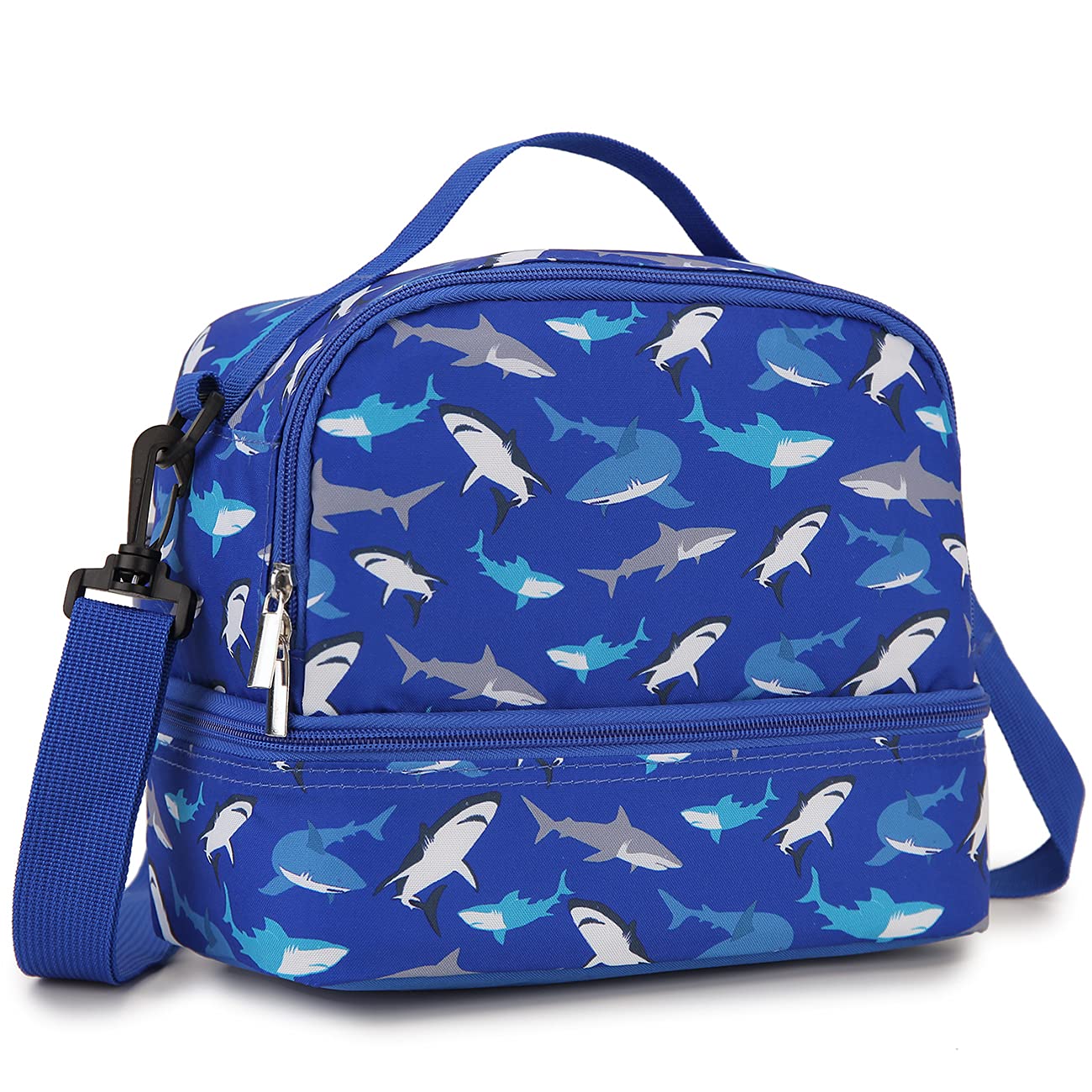 Insulated Lunch Box for Boys - Cute Thermal Lunch Tote Bag with Dual Compartment & Removable Shoulder Strap, Blue Shark Design by VONXURY - Perfect for School, Work & Outdoor Activities