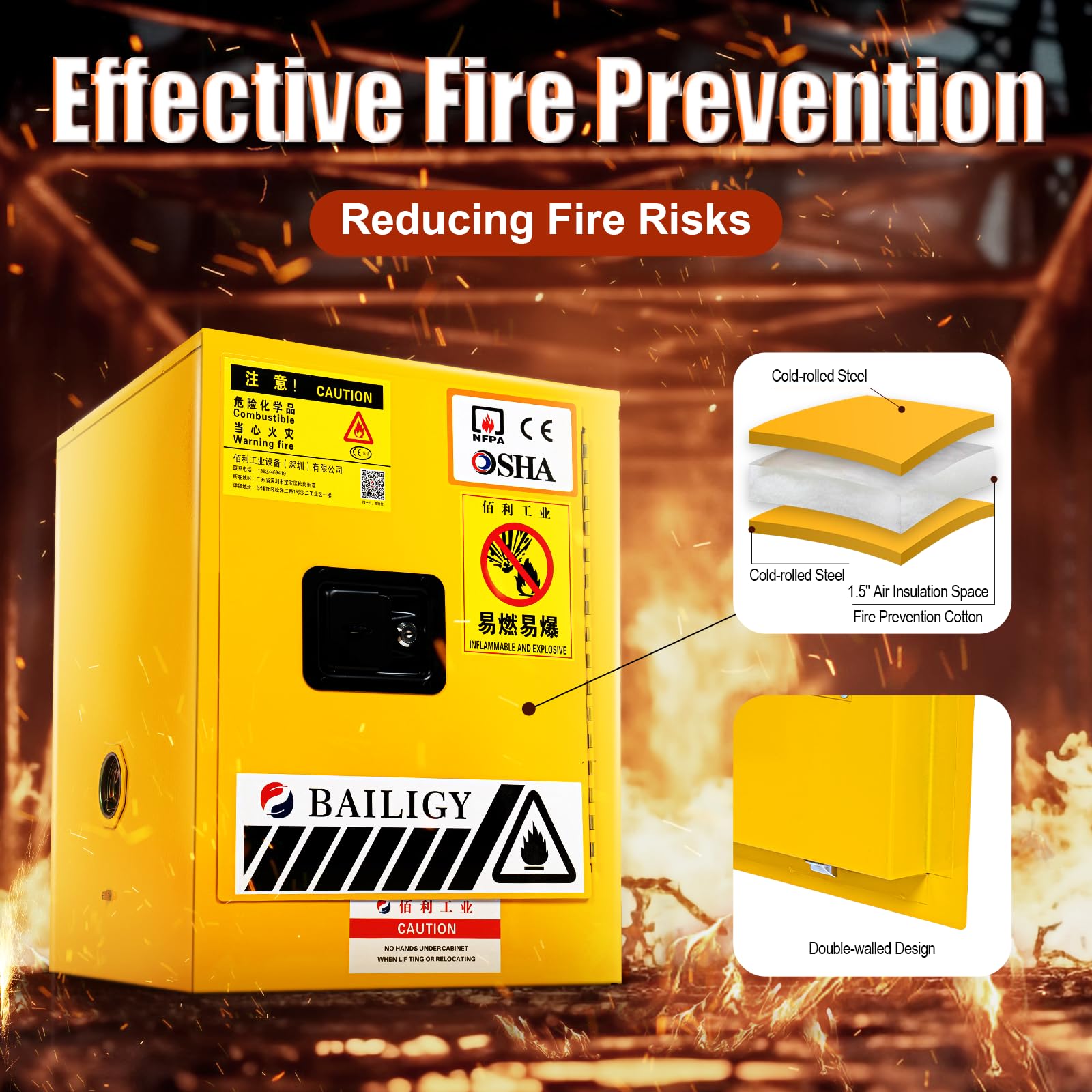 Fireproof Flammable Safety Storage Cabinet - 4 Gallon Galvanized Steel Chemical Cabinet (17