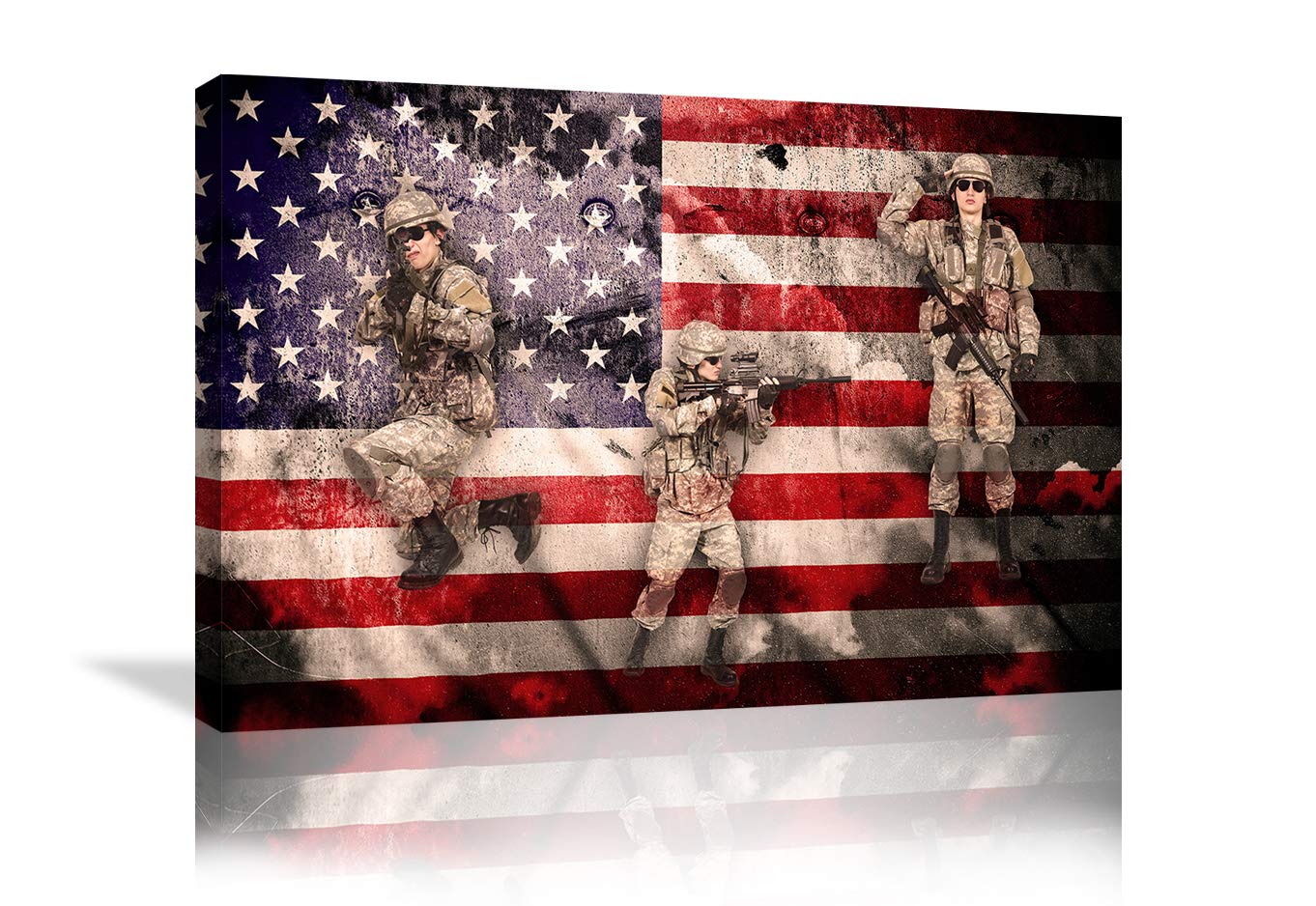 American Flag Wall Art - Patriotic Military Canvas Print of US Army Troops, Framed & Ready to Hang - Perfect for Home, Office & Military Themed Decor