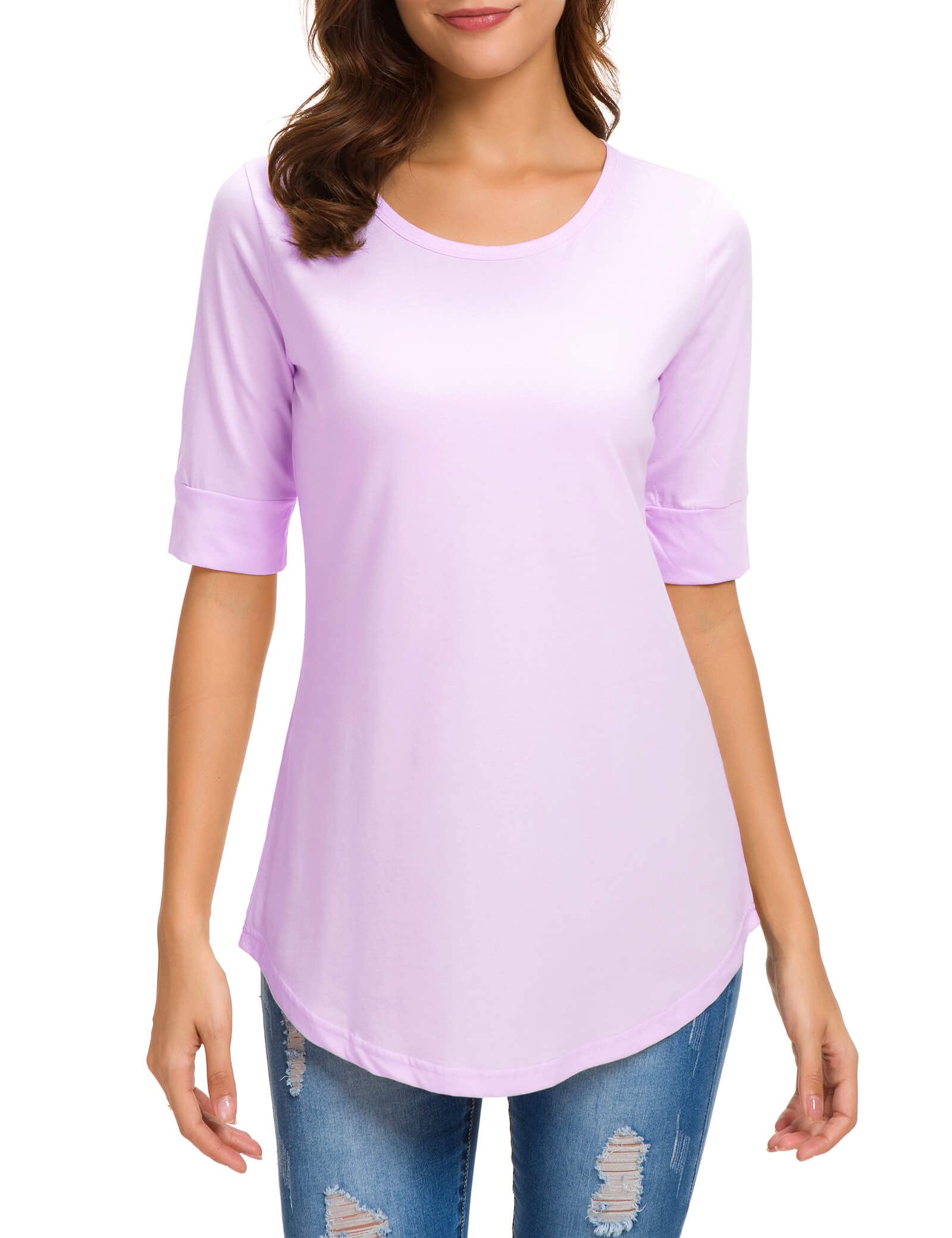 Women's Elbow Length Sleeve Cotton Blouse - Summer Casual Tunic Tee Shirt for Work, Travel & Everyday Wear