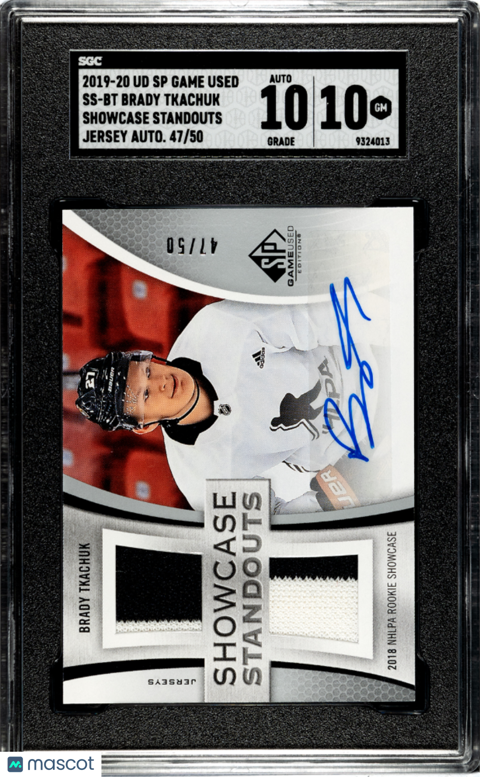 2019-20 Upper Deck SP Game Used Brady Tkachuk Showcase Standout Patch Autograph SGC 10 Gem Mint 47/50 - Rare Hockey Collectible for Display & Investment