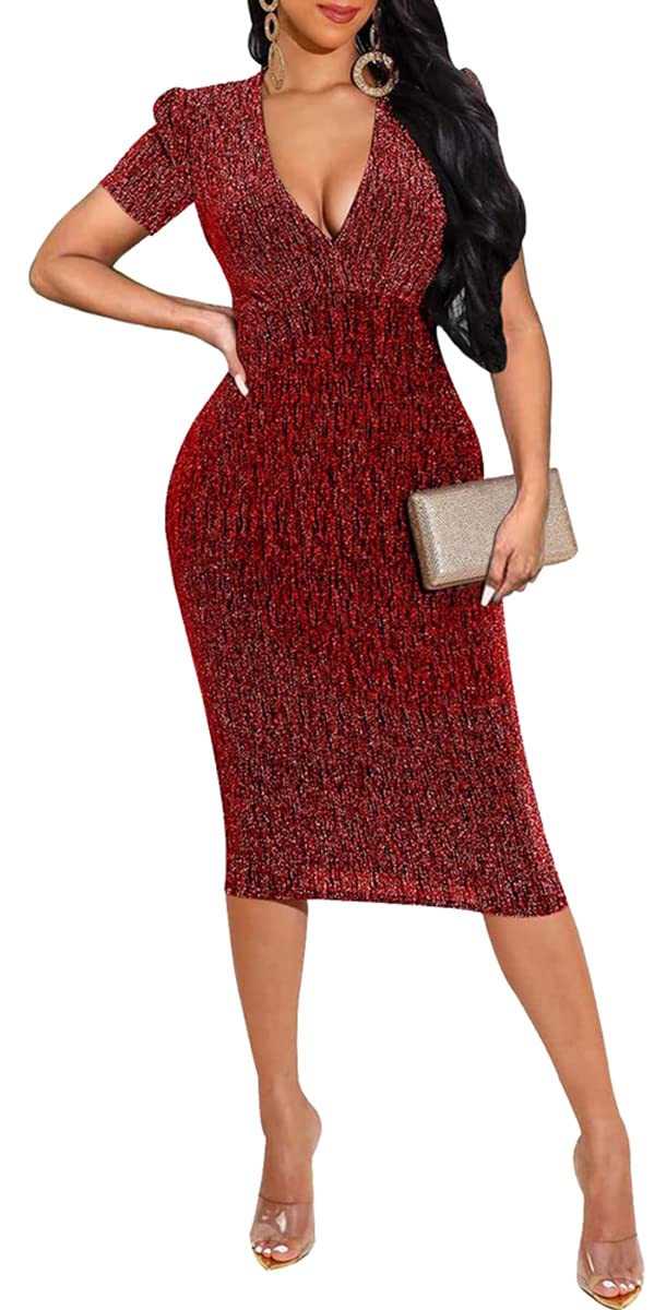 Sexy Sparkly Long Sleeve Bodycon Dress for Women - Deep V Neck Elegant Club Midi Dress for Party, Night Out & Special Occasions