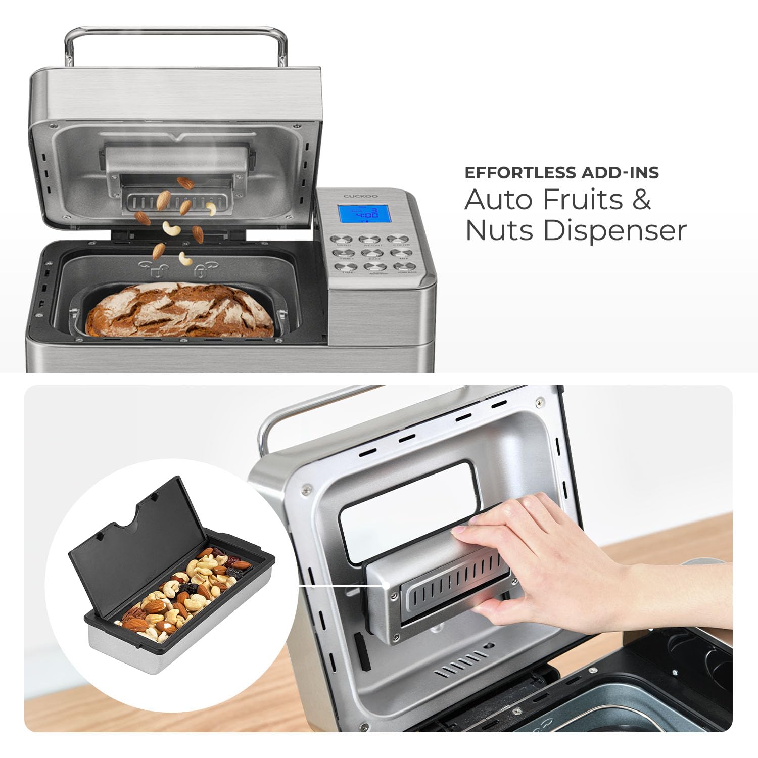 CUCKOO 2 lbs Bread Maker Machine with 15 Menu Options & 3 Crust Colors - Automatic Fruit Nut Dispenser - 6 Accessories Included - Perfect for Sourdough, White Bread & Gluten-Free Baking (CBM-AAB101S) - Ideal for Home Baking, Breakfast & Family Gatherings