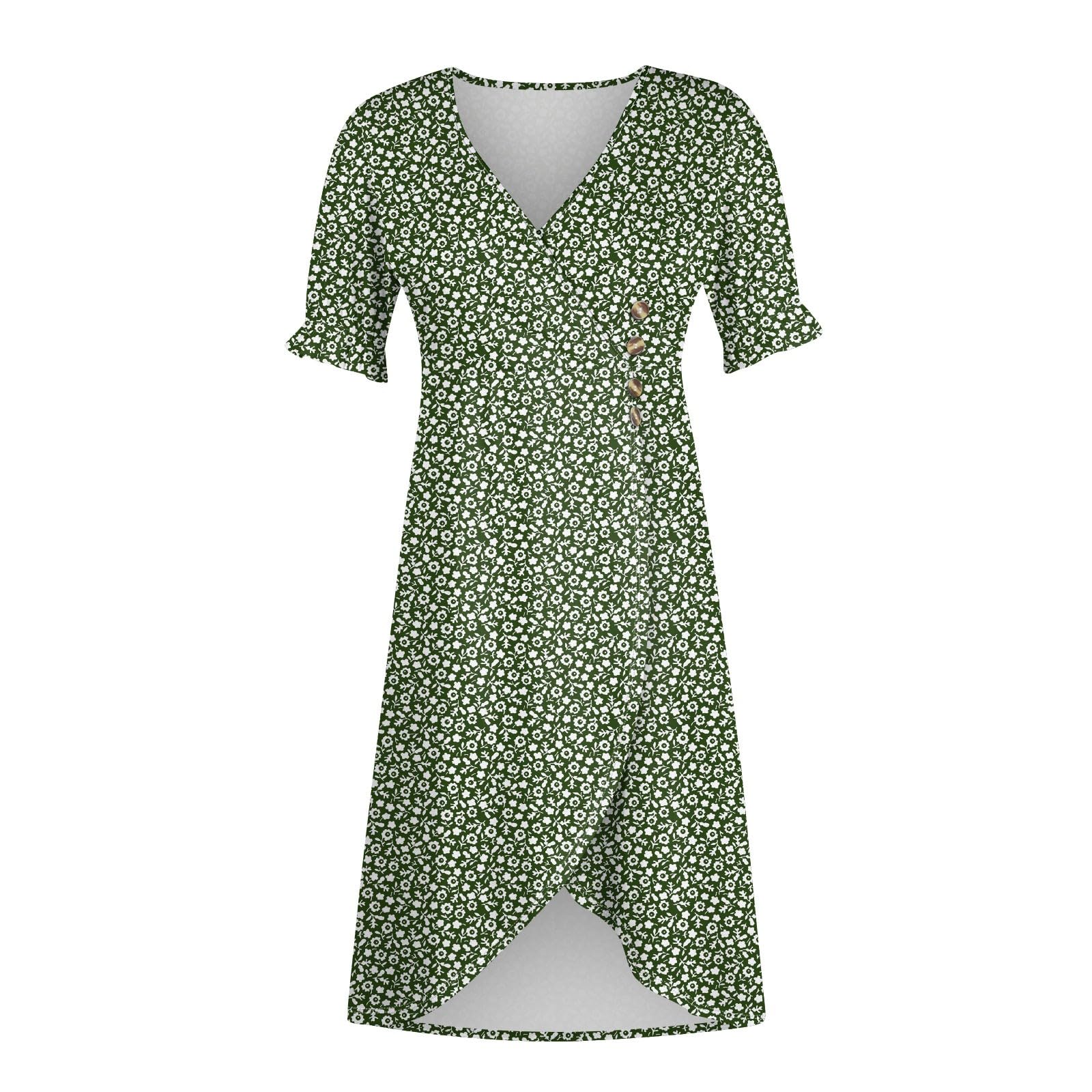 Women's Printed Ruffle Hem V-Neck Midi Dress - Short Sleeve Summer & Spring Elegant Dress 2024 | Casual Outing, Date Night, Office Wear