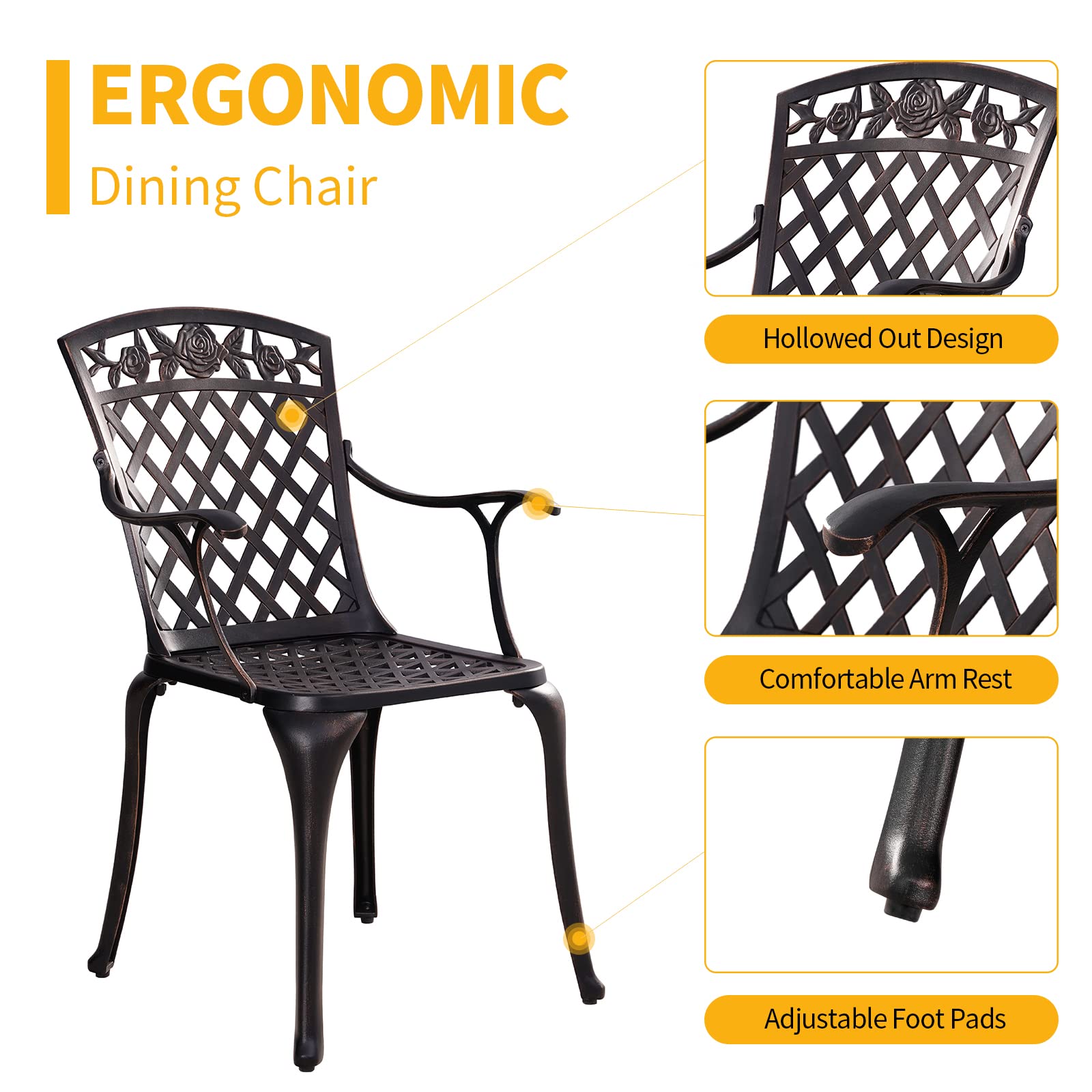 Outdoor Patio Bistro Chairs Set of 2 - Heavy Duty Cast Aluminum All-Weather Dining Chairs with Armrests - Bronze Garden Seating for Backyard, Deck, Restaurant & Outdoor Dining