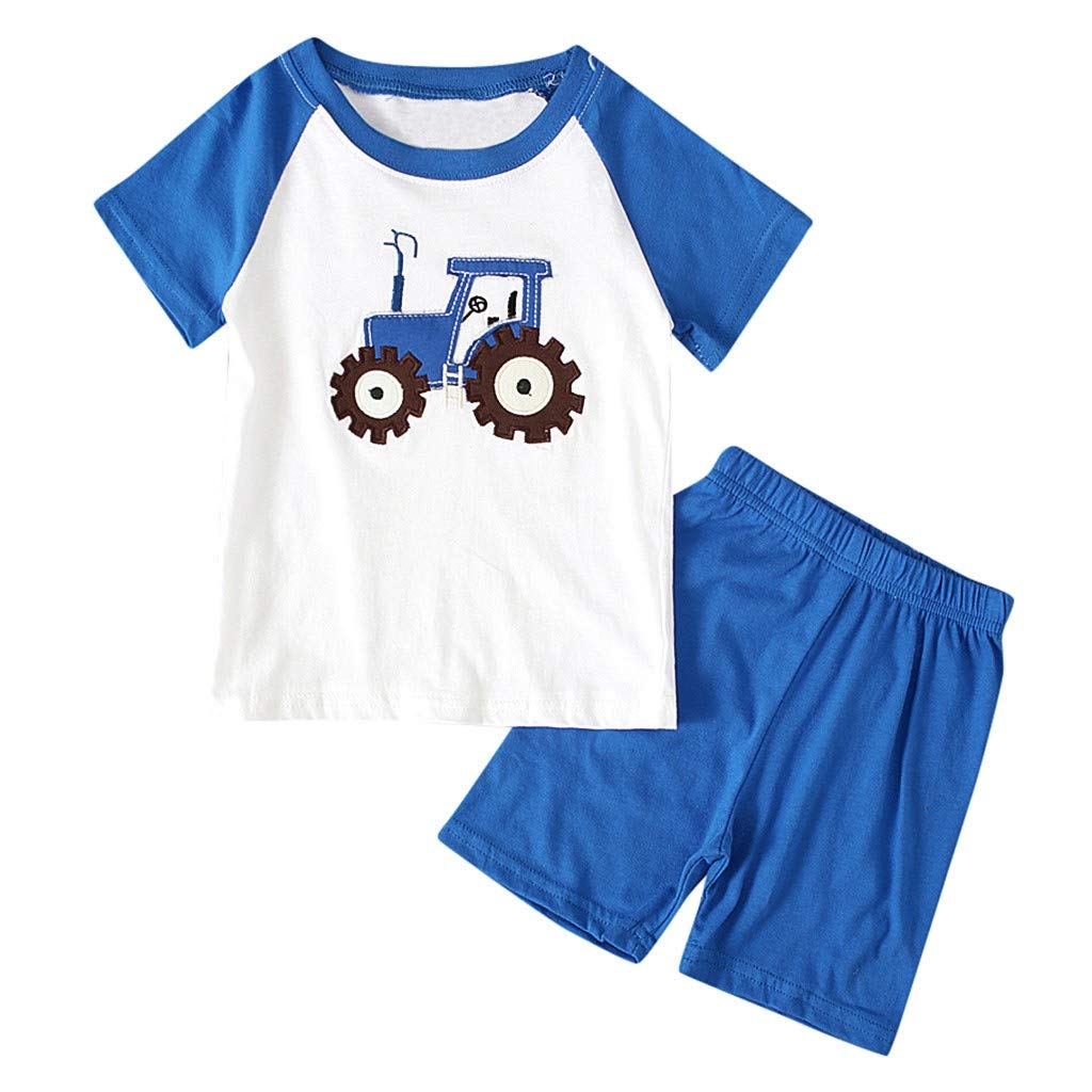 Cartoon Print Short Sleeve T-Shirt & Shorts Set for Boys (Blue, 2-3 Years) - Cute Kids Outfit for Summer Play, Preschool & Casual Wear