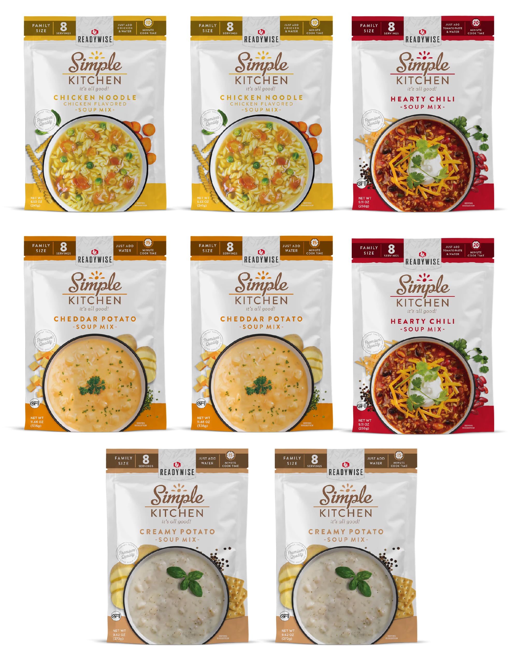 READYWISE Simple Kitchen Soup Favorites Variety Pack - 8 Servings Per Pouch, Freeze Dried Food, Ready to Eat Meals for Hiking, Camping & Emergency Preparedness | Family Size Soup Mix, MRE, Long Shelf Life Food for Outdoor Adventures & Survival Kits