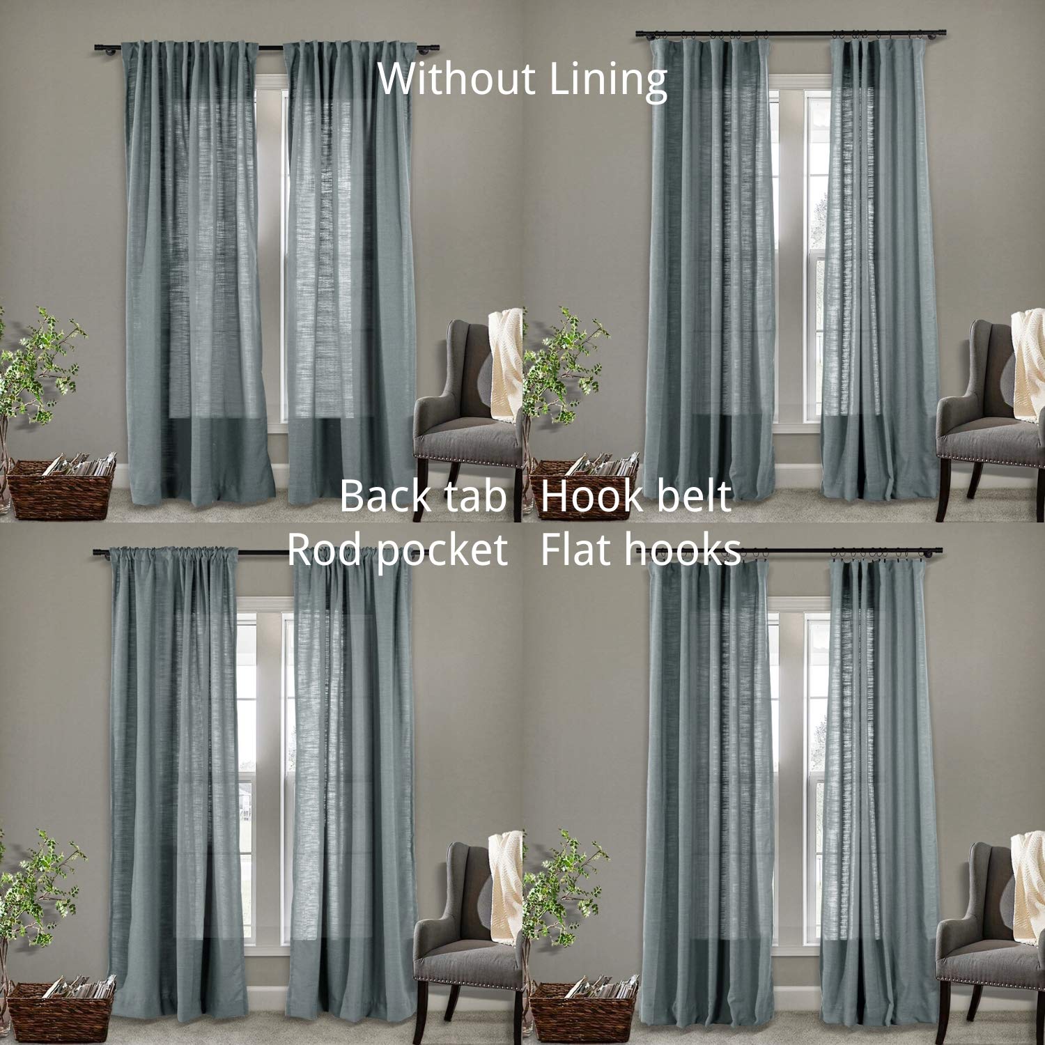 Frelement Breathable Faux Linen Textured Curtains - 4-in-1 Header Drapes for Noise Reduction & Light Blocking - Dark Grey 100