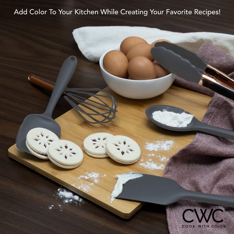 COOK WITH COLOR Silicone Cooking Utensils Set - Easy to Clean, Nonstick Cookware Safe Kitchen Gadgets, Gray - Perfect for Everyday Cooking & Baking
