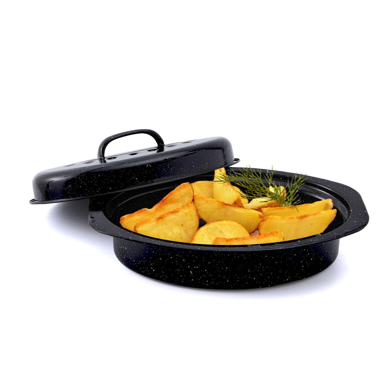 13 Inch Granite Enamel Roasting Pan with Lid - Oven Safe Turkey Roaster for 2 People, High Temperature Resistant Cookware for Thanksgiving, Christmas & Family Dinners