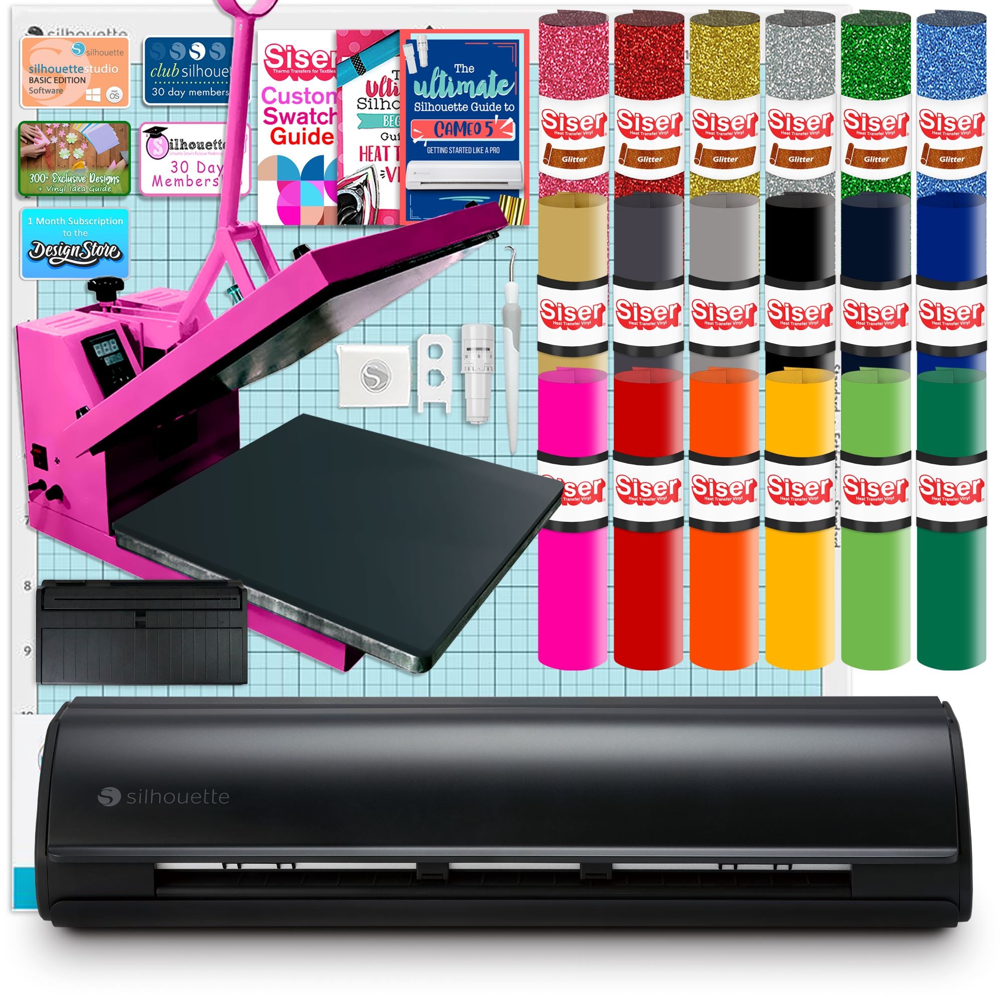 Silhouette Cameo 5 Cutting Machine - Matte Black with 15x15 Pink Heat Press & Siser HTV Vinyl - Perfect for DIY Crafts, T-Shirt Designs, and Home Decor Projects