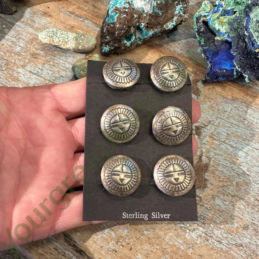 Authentic Sterling Silver Zuni Sun God Button Covers - Set of 6 Handcrafted Native American Jewelry for Western Wear & Boho Fashion | Perfect for Shirts, Jackets, and Denim Accessories